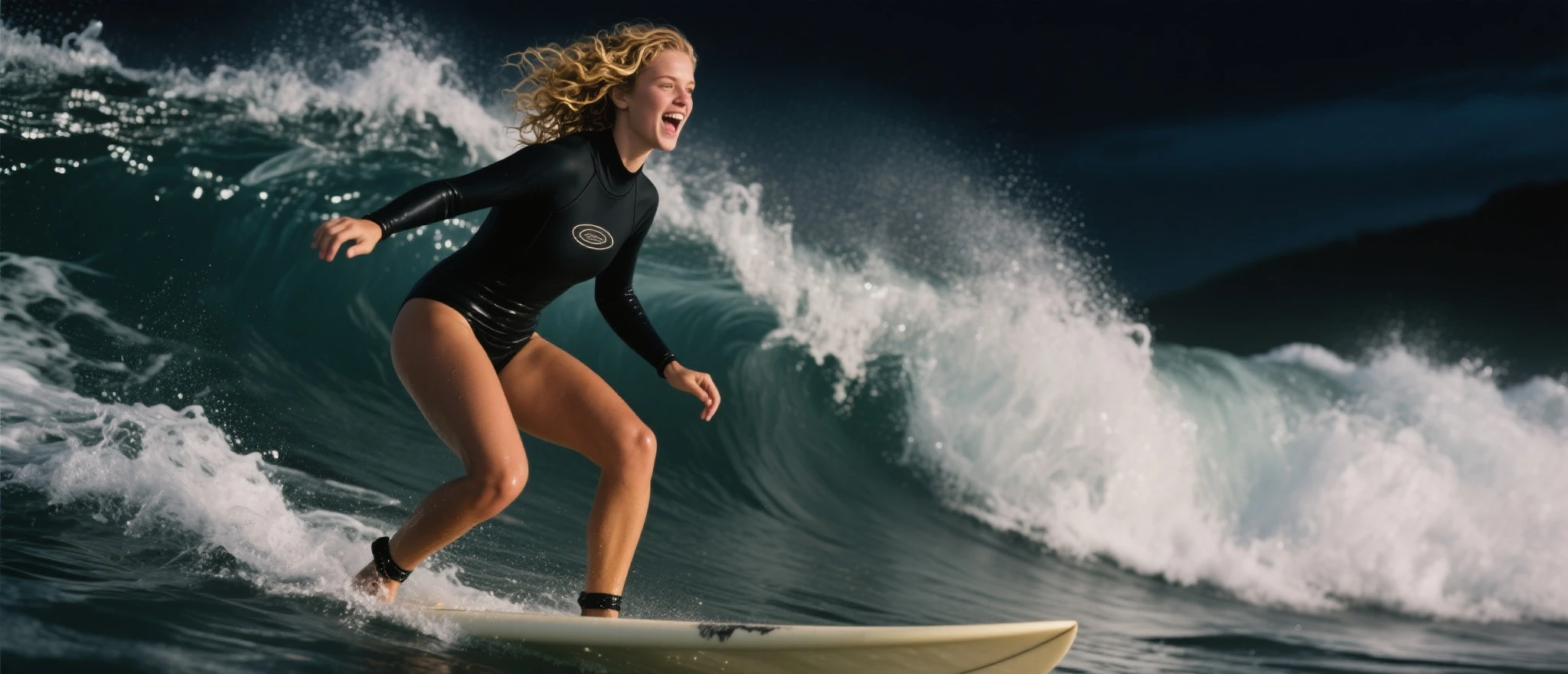 A playful and energetic human with golden hair and a radiant smile, running joyfully on a sandy beach. Beside them, a Golden Retriever stands tall, mirroring the human's joyful expression. The human's vibrant energy matches the dog's enthusiasm, creating a perfect picture of happiness. Style is candid photography, capturing the human-dog bond and the scenic beauty of the beach