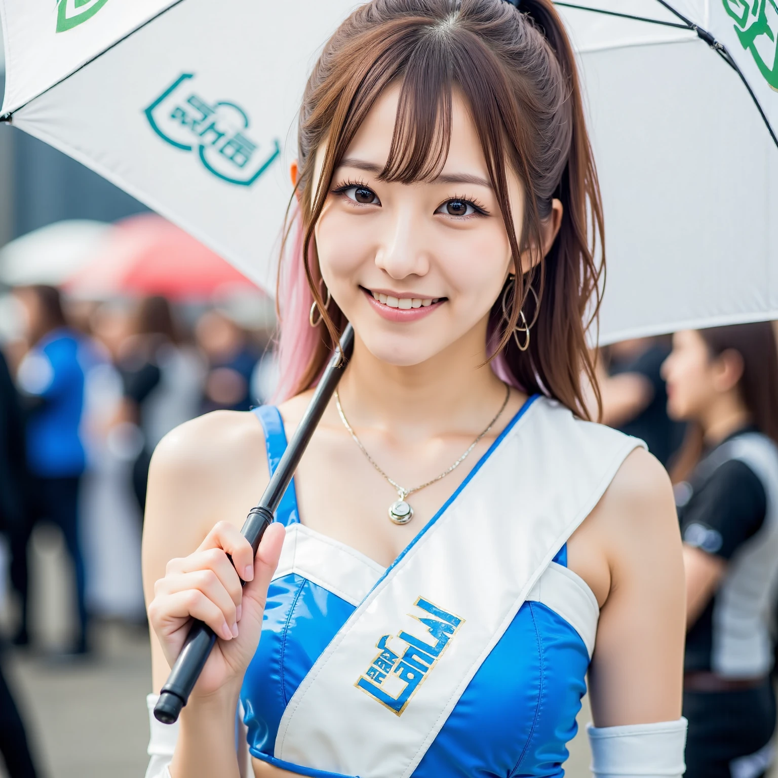 Race Queen, Grid Girls, skirt, No sleeve, masterpiece , Highest quality , detailed , bangs , woman , smile