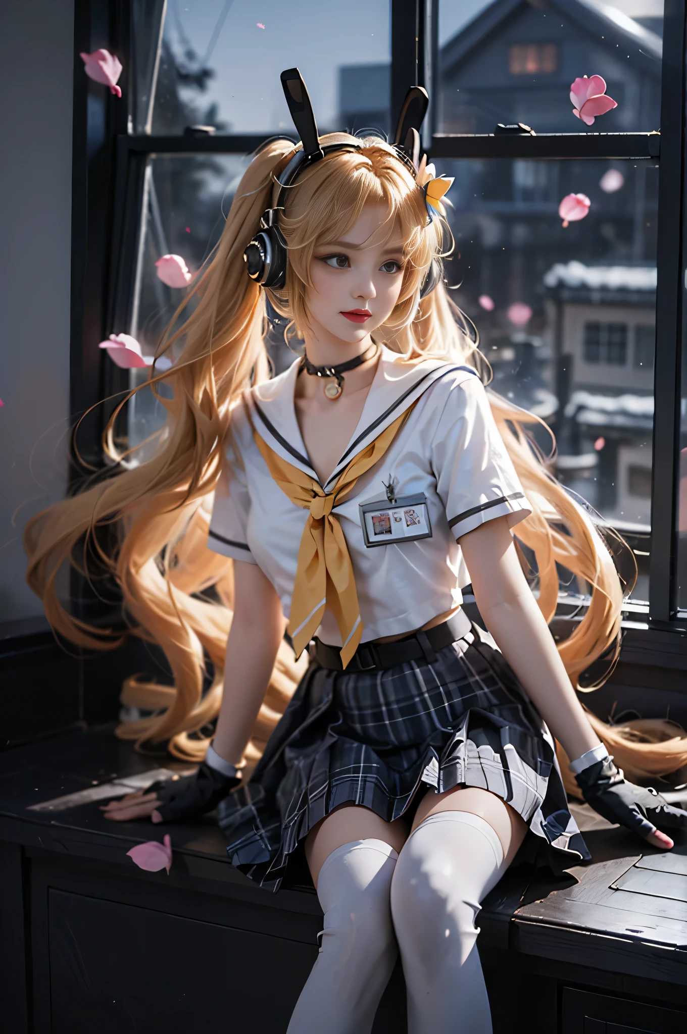 angela cosplay costume, cosplay, orange hair, long hair, twintails, drill hair, school uniform, serafuku, white shirt, shirt, plaid skirt, pleated skirt, sailor collar, choker, belt, gloves, fingerless gloves, bracelet, animal ear headphones, headphones, hair ornament, id card, name tag, single knee pad, bow, hair bow, thighhighs, white thighhighs, boots, ankle boots ,, ((masterpiece, best quality, ultra highres, realistic:1.4)), (Random shooting Angle), mix4, (At night, moonlight:1.3), beautiful detailed face, (photorealistic:1.37), (sexy long legs:1.2), slender figure, ((By the window, sit on the windowsill, The windowsill position is relatively high.)), (Full breasts, large breasts, visible cleavage, and very short skirts), one leg extended, the other leg naturally bent at the knee, accurate and beautiful leg shape, exquisite face, one hand gently lifting the skirt, long hair blowing in the wind, soft shadows, depth of field, (detailed background:1.1), (ambient occlusion:0.3), (Many scattered petals, petals dancing in the air)