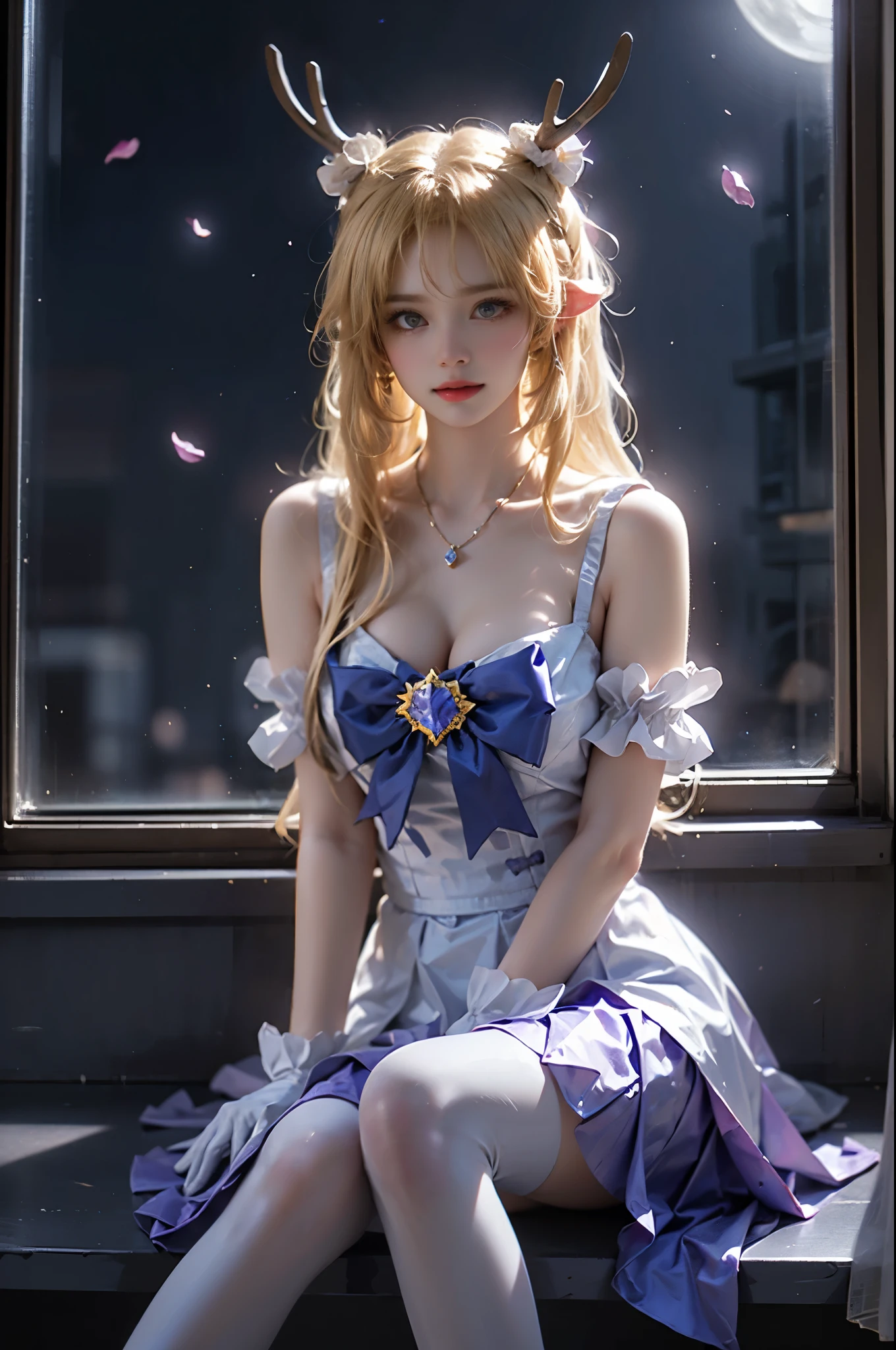 yao cosplay costume, cosplay, blonde hair, dress, gloves, white gloves, antlers, animal ears, horns, bow, hair ornament, wings, thighhighs, white thighhighs, purple high heels ,, ((masterpiece, best quality, ultra highres, realistic:1.4)), (Random shooting Angle), mix4, (At night, moonlight:1.3), beautiful detailed face, (photorealistic:1.37), (sexy long legs:1.2), slender figure, ((By the window, sit on the windowsill, The windowsill position is relatively high.)), (Full breasts, large breasts, visible cleavage, and very short skirts), one leg extended, the other leg naturally bent at the knee, accurate and beautiful leg shape, exquisite face, one hand gently lifting the skirt, long hair blowing in the wind, soft shadows, depth of field, (detailed background:1.1), (ambient occlusion:0.3), (Many scattered petals, petals dancing in the air)