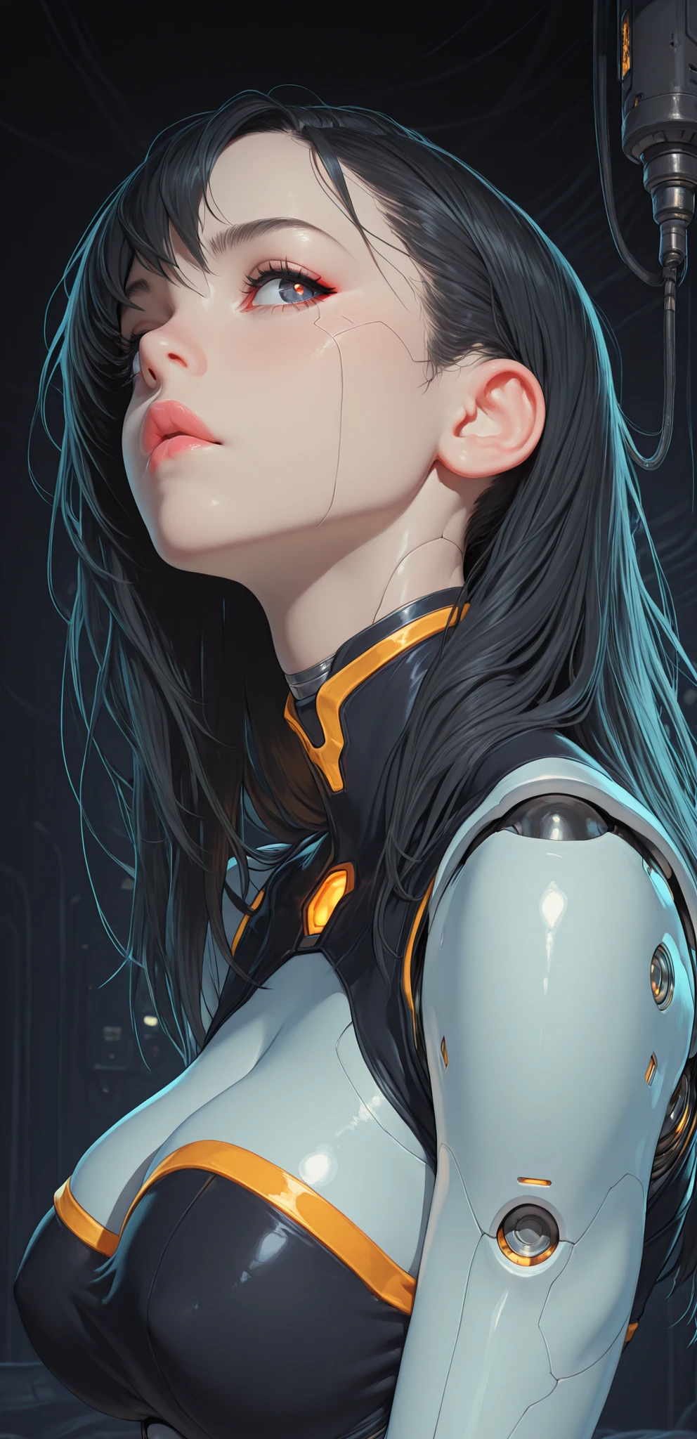 (masterpiece:1.35), (very aesthetic, best quality:1.3), highly detailed, dynamic lighting, dark environment, backlit, absurdres, detailed shading and textures, dark background, cyberpunk aesthetic, close-up, hyperdetailed anime style, (panel lines on skin), head tilt, (a female android), cyborg, Cyberpunk, cybernetic enhancements, extremely high-tech, 3d anime artstyle, dramatic lighting, no lineart, portrait, from side,
Indoors, sharp detail, solo, plastic, a female android, cyberpunk, futuristic, (mechanical anatomy), (robotic anatomy), (skin lines), mechanical robot trim,
Adorable and attractive, female, disheveled hair, shiny hair, black hair, shiny plastic skin, curvy and petite body, dark eyes, perfect breasts, very narrow waist, skindentations, hip_indentations, very slender, swept bangs, disheveled hair, hair down, cleavage,
Black trim, revealing clothing, black tube-top,
expressionless,lips, pink lips, eyelashes, eyebrows, eyeliner, blinking lights, digital components, small yellow trim, glowing,