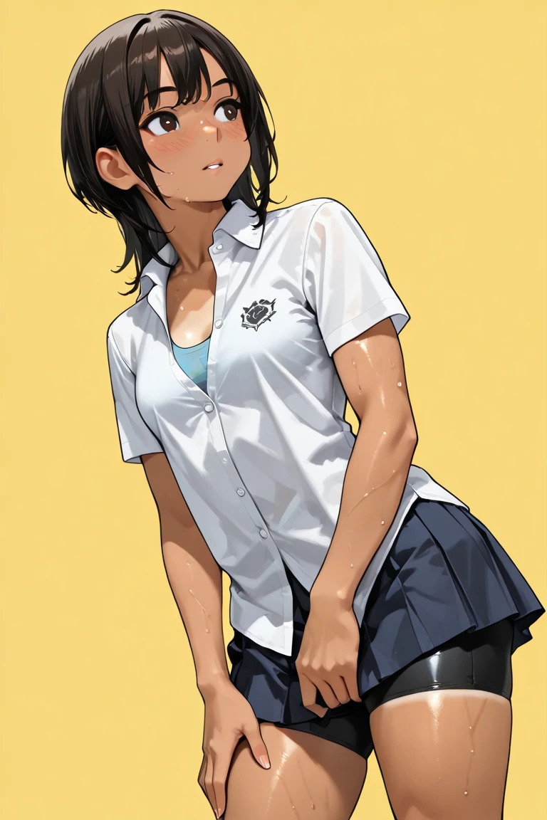 1girl, 独奏, White polo shirt, White sneakers, tennis wear, white mini-skirt, tmasterpiece, Best quality at best, realisticlying, ultra - detailed, (shiny skins, perspired:1.4), absurderes, looking at viewert, with short black hair, with brown eye,slenderness,Dynamic light and shadow,A high resolution,Sharp focus,depth of fields,The eyes are delicate,Sharp pupils,pupil realistic,(smallunderboob:1.6),(Thigh thick:1.0),exteriors,cleanness