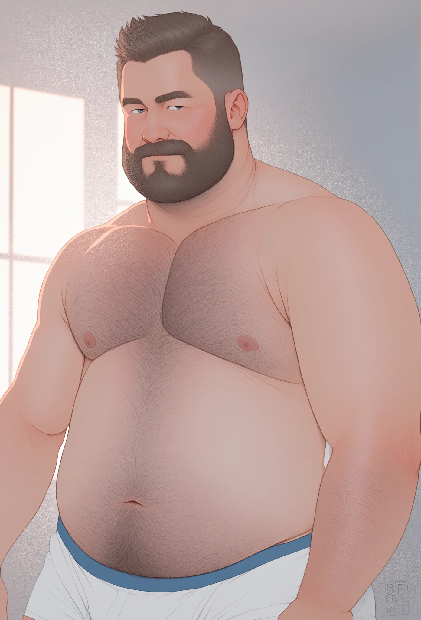 a shirtless man bearded, smiling, detailed muscular and fat body, big hard dick, hairy body, hairy chest, photorealistic, hyperrealistic, 8k, highly detailed, masterpiece, cinematic lighting, dramatic shadows, body wet, lying in garage, wearing a ciclist sunglasses. Wearing a black coat opened.