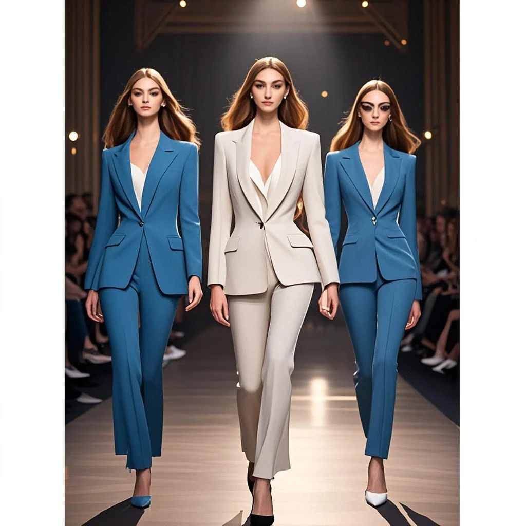 Three girls, one shorter, two tall on the sides, all in white suits, heels and dark glasses, in a scene with sapphites