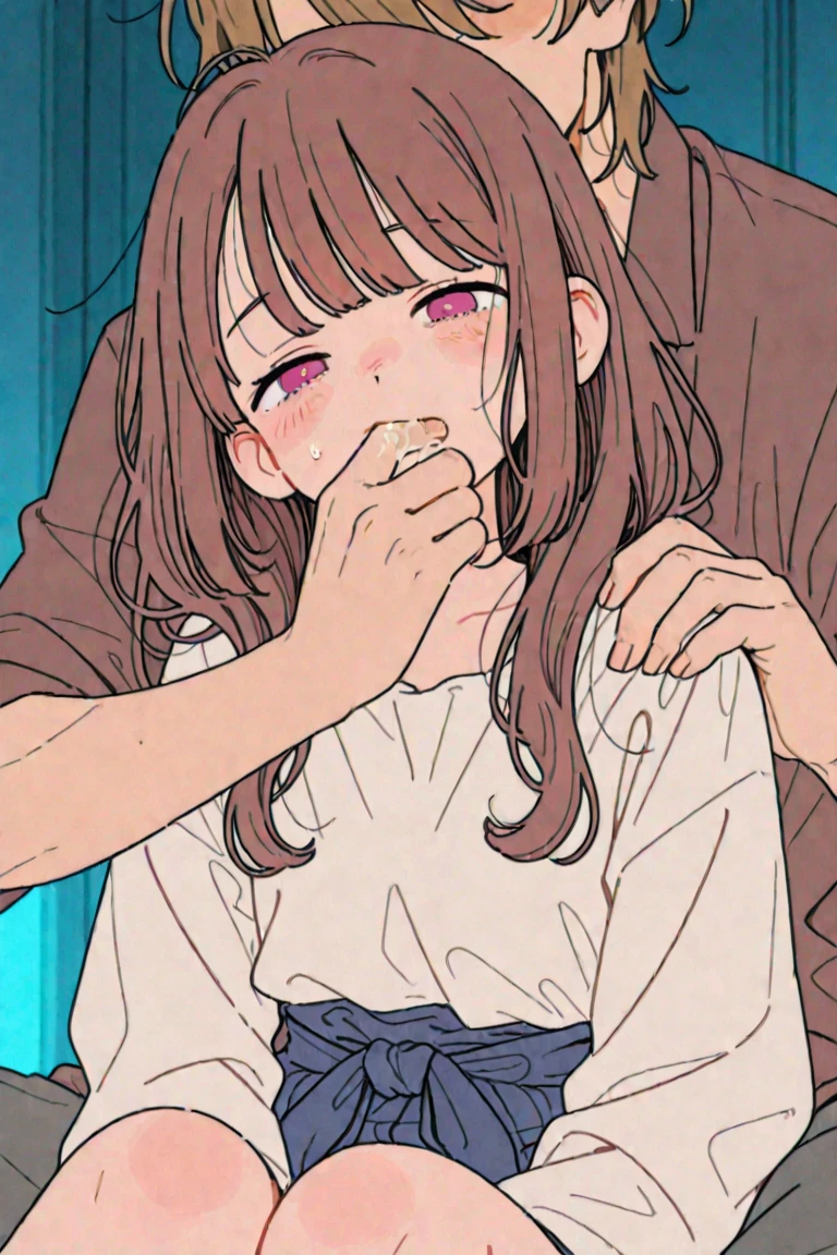 best quality, masterpiece, ultra-detailed, high quality, highres, takeda hiromitsu style, 1girl, mature female, brown hair, low bun, beautiful, beautiful and perfect face, open mouth, (white t-shirt), score_9_up, score_8_up, score_7_up, source_anime, masterpiece, perfectly detailed, detailed face, detailed eyes, beautiful eyes, Smelling Penis, smelling_penis, 1girl, hetero, 1boy, bulge, smelling, blush, hand on another's head, male underwear, toujou nozomi, erection under clothes, collarbone, sweat, from side, solo focus, parted lips, white background, penis on face, simple background