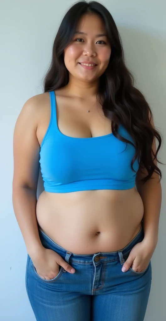 mulher araffe com blusa azul e calcinha roxa em uma cozinha, cintura - tiro, ela tem uma barriga redonda e gorda, her belly button is exposed, Grosso, her belly is fat and round, curvy hourglass figure, tiro do meio da cintura para cima, umbigo aparecendo, a menor barriga de todos os tempos, quadris mais largos, corpo sexy