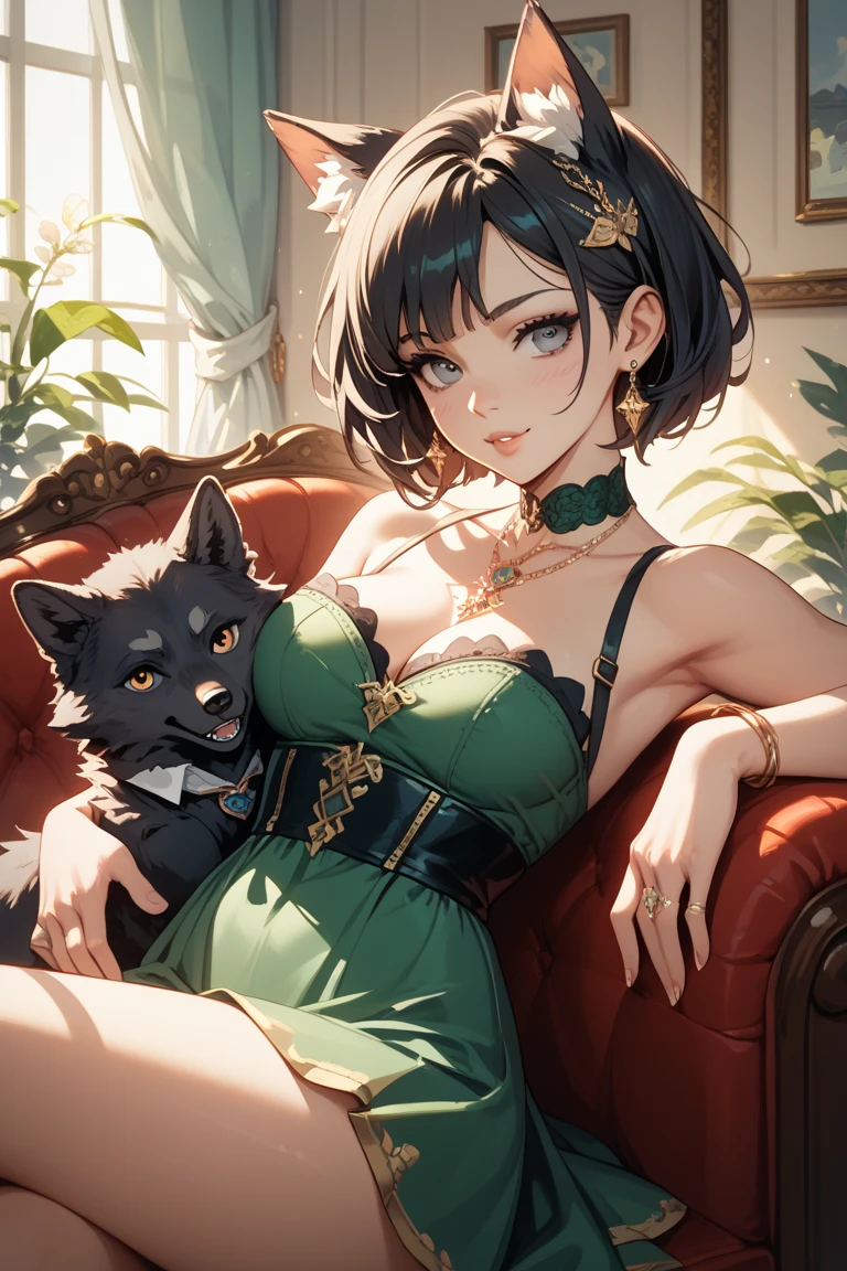 a beautiful girl with cat ears licking her hand like a cat, in a feline pose, wearing a green bra, panties and socks, on a pouffe, hyperrealistic, 8k, ultra-detailed, highly detailed, masterpiece, vibrant colors, dramatic lighting, photorealistic, intricate details, elegant, graceful, stunning, captivating, alluring, feline, cat-like, fantasy, whimsical