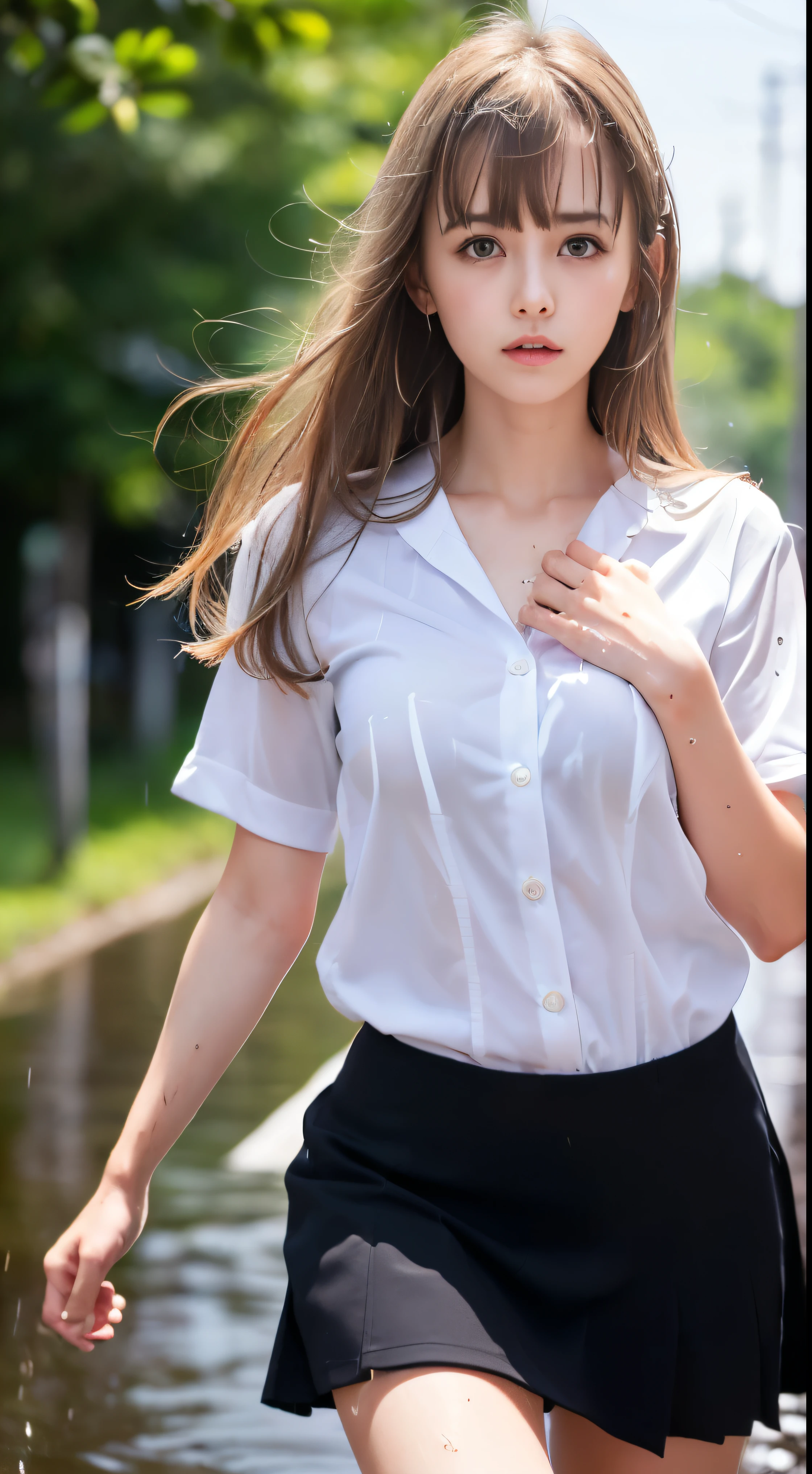 (((32k,high detal,high-detail、masterpiece,Attention to detail,full body Esbian,Lori,独奏))),Raw photo & realistic atmosphere,beautiful dark blue eyes,Detailed mouth,Glossy lips,Detailed eyebrows,Eyes drawn in detail with soft white skin that shines in every detail、Very beautiful eyes with azure eyes,Detailed lips、Very beautiful face,Very well-formed face、Lifelike face,shiny beautiful lips,Beautiful eyebrows,Infinite reality,Japan High School Uniform Best Design, Realistic Young Gravure Idol,Very cute high school girl, , japanese girl school uniform, Japanese high school girl , Young Sensual Gravure Idol, Young Gravure Idol, Beautiful and cute15 year old schoolgirl,the whole body is wet,dripped out,with a flushed face,Tremendously beautiful15-year-old girl,natural soft light、The body is dripping wet,Sheer clothing,Brown shiny hair,Hair is wet,Dripping water,dripping(Don't wear skirts,bare-legged,,Wet and see-through white short sleeve shirt,summer clothing,Beautiful kind eyes,Looking at the camera:1.3),(((youthfulness,Beautiful smooth legs,Exposed thighs,Gentle smile,small shapely breasts,Immature body,Sexy Uniforms,short-cut,The chest is open))),(Shots from the air,From directly above,photographed,Facing up,Lie on your back and float on the water,Look up,Spread your arms and legs,lying on your back with a large body,Sleep soundly on your back,Lori Lori,Body floating on the surface of the water,Beautiful breasts coming out of the water:1.5)