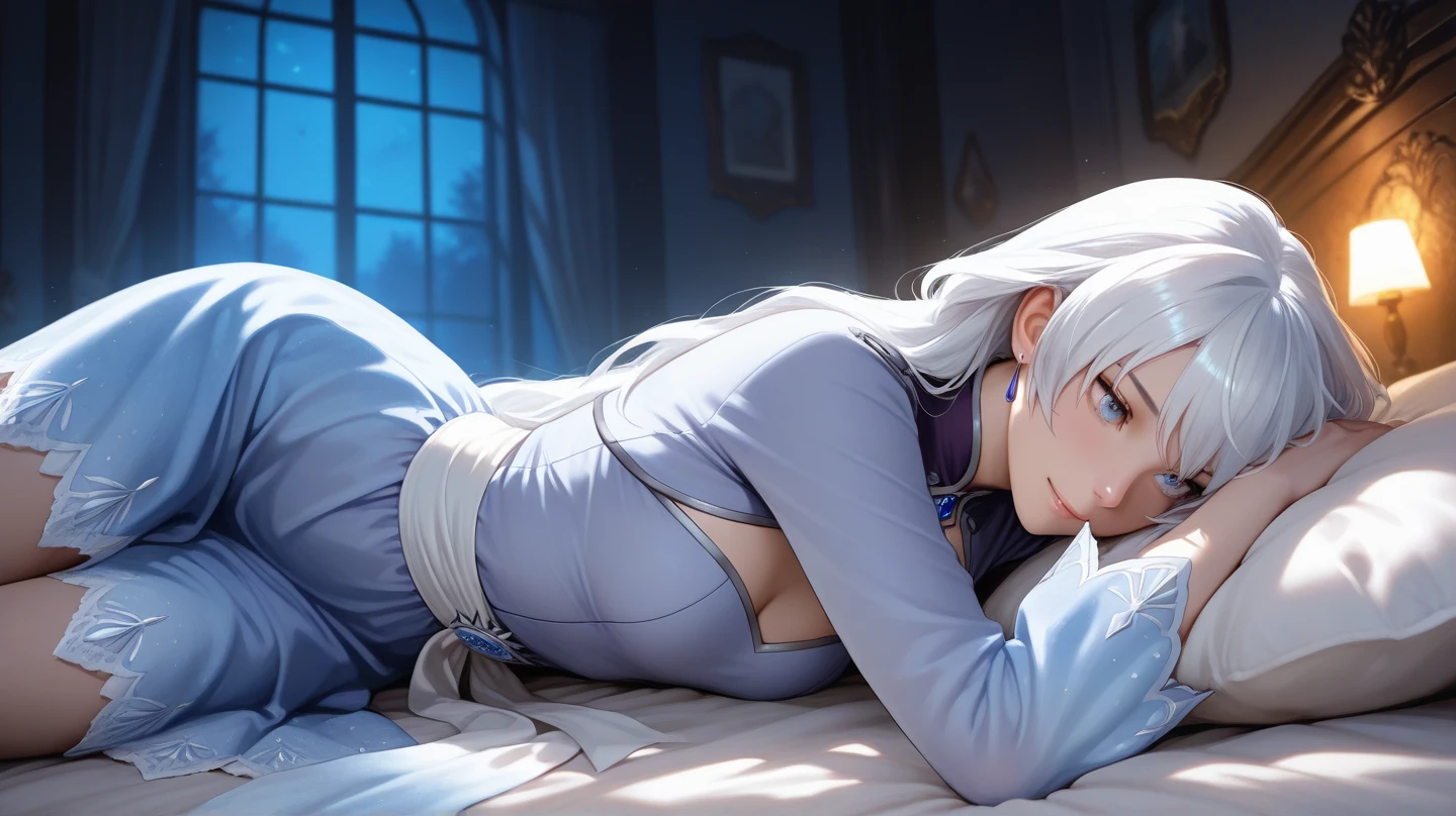 (masterpiece, best quality), photorealistic, cinematic, anime girl, 1 girl, ((wide shot:1.5)), head to toe visibility, perfect anatomy, curvaceous body, alluring, perfect eyes, ((lips slightly parted:1.5)), perfect hands, large cleavage, round ass, long round legs, in peaceful slumber, ((the woman with silver hair sleeps serenely:1.5)), ((sleek bob cut:1.5)), ((her hair cascades over the pillow:1.5)), ((her nightwear is a Sleep Romper with a Kimono Robe)), (((fetal position, legs curled up:1.2))), her blanket echoes the calmness of the ocean, a soft aqua color with a delicate pattern resembling ripples on water, cradling her in a sea of dreams, extremely detailed Artgem, ig model, artgem, alena aenami and artgem, krenz cushart and artgem, artgem and atey ghailan