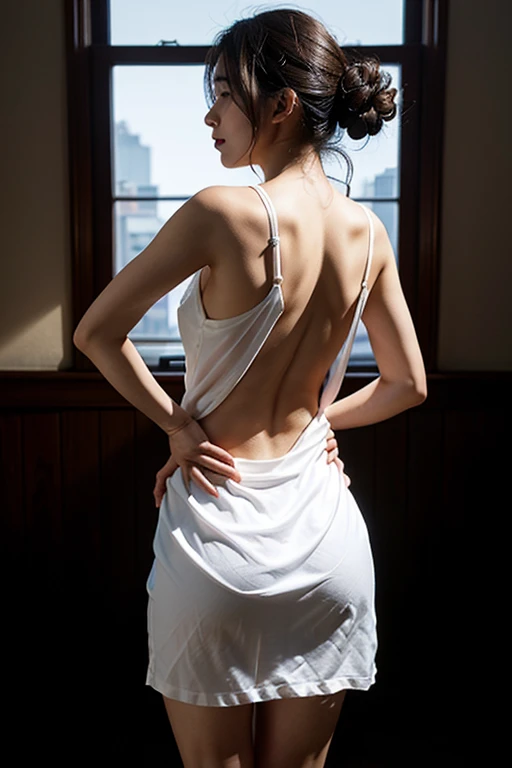 Wearing a nightgown、｟Pose looking back from behind｠、｟Colossal tits:1.2｠,｟Skin revealing｠、absolutely outstanding image, very extremely beautiful、​masterpiece, top-quality,a picture, kawaii、8K、a bed、natta、Indoor light、