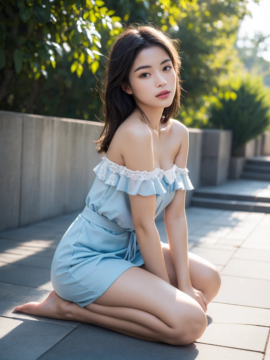 ((Best picture quality, 8K, tmasterpiece:1.3)), 1girll, Casual hairstyle, (off-shoulder blouse,Short pleated skirt:1.3),(wet see through clothes:1.4),Ultra-fine face, A detailed eye, 二重まぶた,(long leges:1.4),(athletic sneakers:1.3)Erlang legs,Sit sideways on a high platform