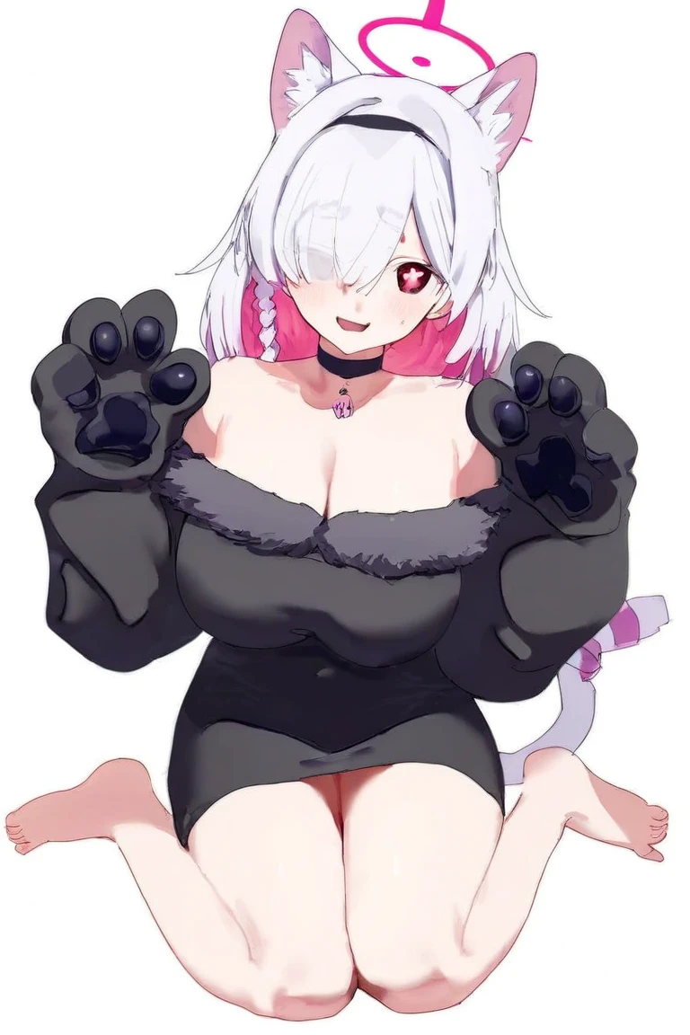 Masterpiece, top-quality, top-quality, beautifully aesthetic, woman, (halloween night:1.2), wearing a (high-quality costume:1.1) of (fur of cat:1.1), (gloves of paw:1.2), (fur miniskirt:1.1), (silver pin heels:1.1), high detailed, (red eyes:1.1), (squatting legs with paw pose:1.1), firm breast, nicely shaped body, (slender figure), (white hair:1.1), wavy hair, (short hair), (focus on body), (looking at viewer), (white pantyhose:1.2), (realistic underwear), wearing (paw feet:1.2), (detailed face and eyes:1.2), (perfect anatomy), (round breasts), (bubble butt), (wide hips:1.1), (slim waist:1.1), (thick thighs:1.1), (detailed background), (perfect nails:1.1), (detailed hand and finger:1.2), (medium breasts:1.2), (busty), (deep cleavage:1.2), (labia outline:1.3), (hard teat:1.3).