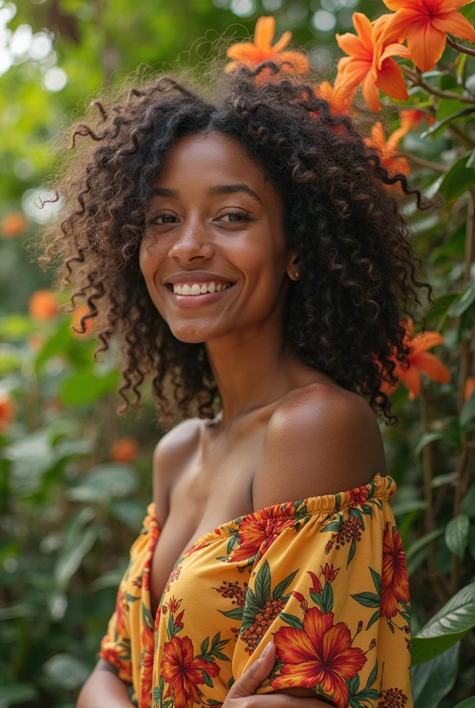 A Brazilian woman in a lush tropical garden, new, with a close-up capturing the harmonious beauty, showing off your natural charm and outgoing personality.