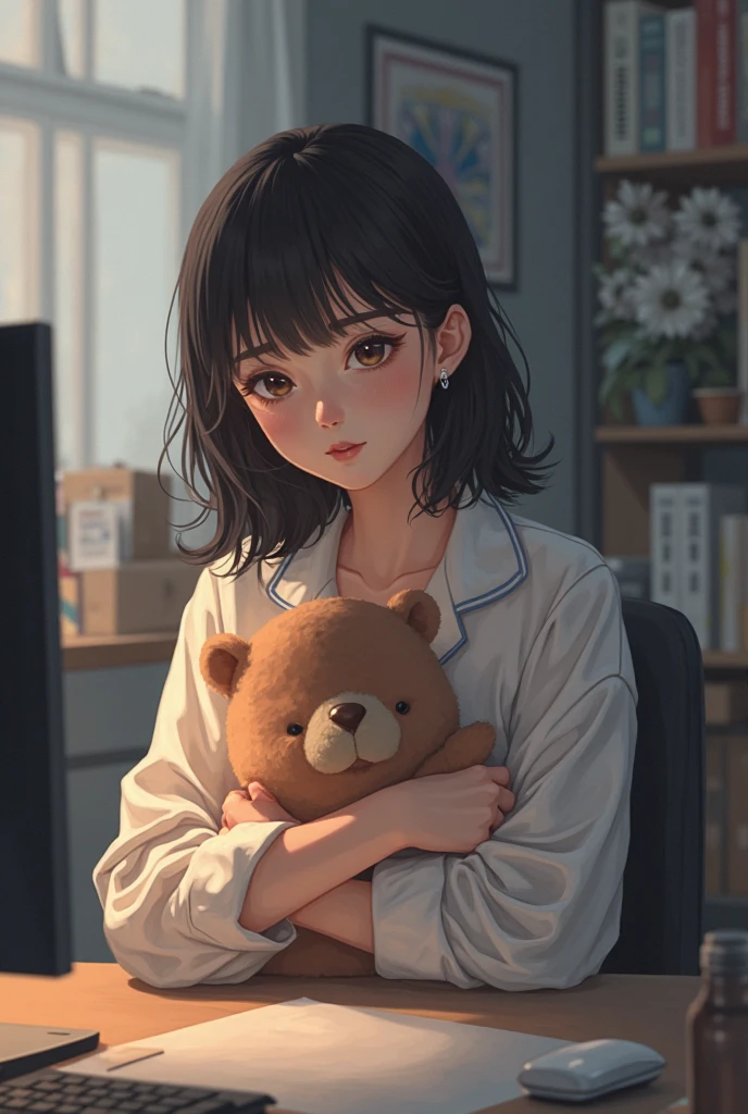 Graphic novel style, 1 stunningly beautiful college girl, caucasian, smiling, blushing, short black hair, bob cut, wearing a Japanese school uniform, red eyes, 1, ((short black skirt)), toned legs, red bow, ((light gray closed vest)), cradling a ((fluffy black teddy bear)) sitting, in store,