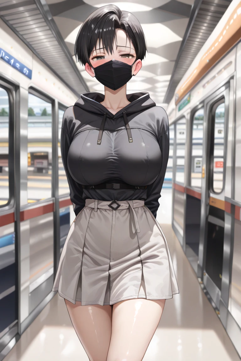 best quality, best anatomy, best details, 1girl, black hair, red eyes, wearing black mask, standing in the subway, in a cold weather, breaths cold, looking at a hot chocolate cup, viewer pov, tall viewer, shortgirl, wearing a black leather coat, white torn shirt, brown short jeans, huge breasts