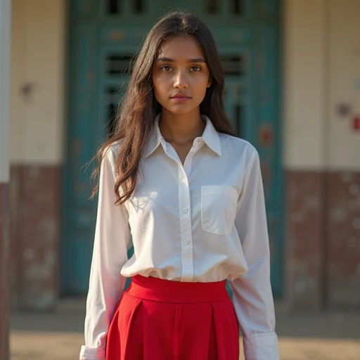 Beautiful White Indian girl in indian school uniform, realistic photo, large breasts , standing and looking back, indian street, detailed hands and face and eyes, looking away, full body, full body shot, 16k UHD