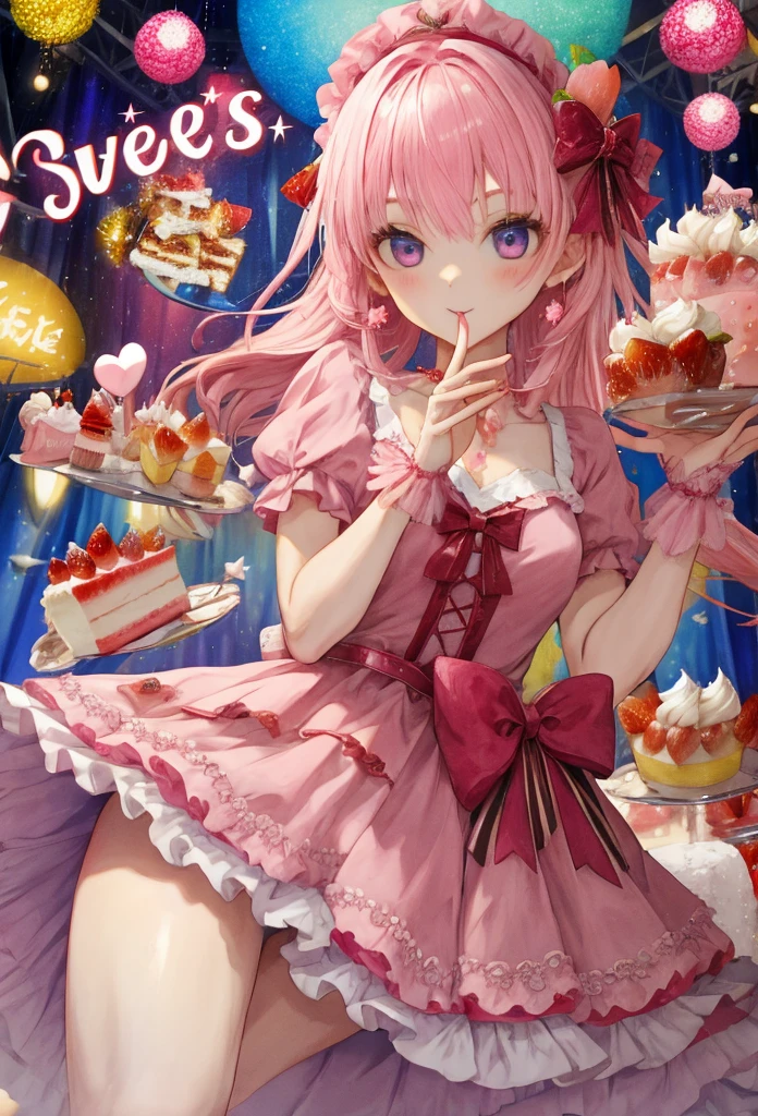 1 girl, small nose, very beautiful detailed face and eyes, bright colors, cute face, delicate beautiful face, Bright magenta eyes, cute eyes, sparkling eyes, Big eyes, (small breasts:1.3), (perky chest:1.1), (pointed chest:1.0), (cake magazine cover:1.3)，highest quality, WorKs of masters, High resolution, Blonde color hair，shiny hair, side ponytail,hair between eyes,bangs, (black jacket, real clothes, cleavage, black skirts, black thighhighs, thigh strap, fingerless gloves, single glove:1.2) , spread legs, panties shot, medium hips, glamorous body, white skin, smile, thin pubric hair, super beautiful face, Super beautiful eyes, Super beautiful hair，trendy outfit，sexy and attractive,full body esbian, Real World, Natural light,perfect Natural light,(with sparkling eyes and a contagious smile), This masterpiece is not only visually stunning but also tells, make of cake cooking , in the kitchen, open mouth, looking at viewer, 