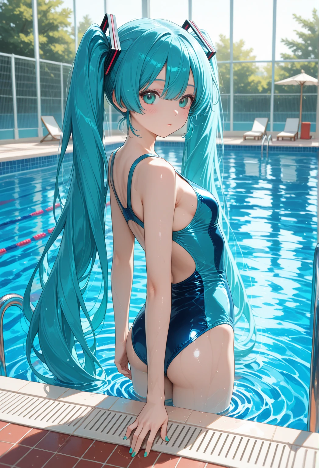 (1 Girl), (Solo: 2.0), Photorealistic, Ultra Fine Illustration, Beautiful Charming Anime Girl, Super Detail, Smile, Beautiful Blue Eyes, Beautiful Proportions, Hatsune Miku, Slender, Gentle Look, Seductive Anime Girl, Full Body, Long Exposure, Outdoor Pool, Perched by the Pool, ((Sexy Bikini: 3.0)), (Ultra Thin Fabric Swimsuit: 3.0), nsfw、