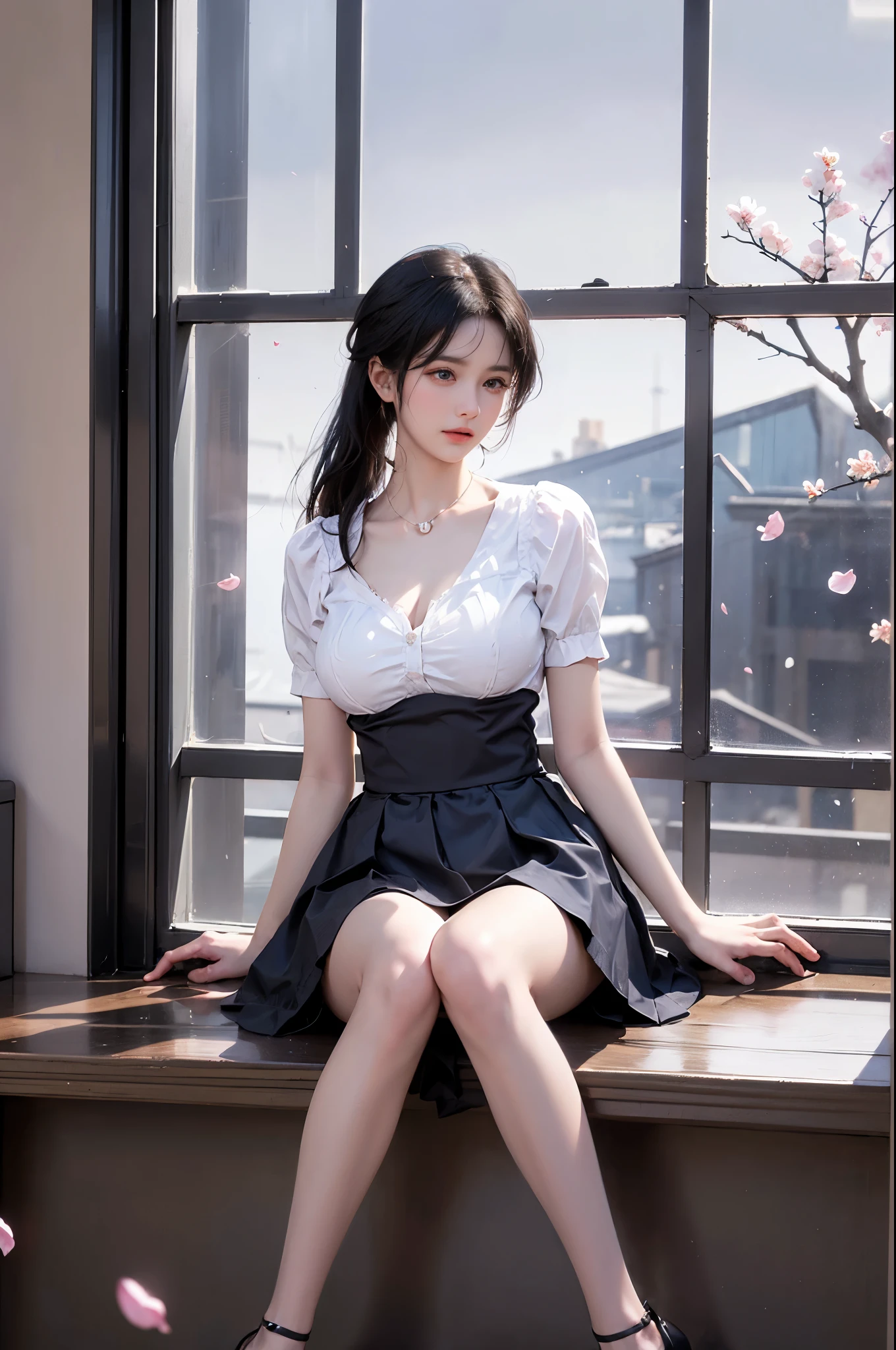 (Ultra HD picture quality) A woman with a bumpy figure and charming eyes kneels in front of you in a skirt that highlights her figure, looking at you infatuatedly