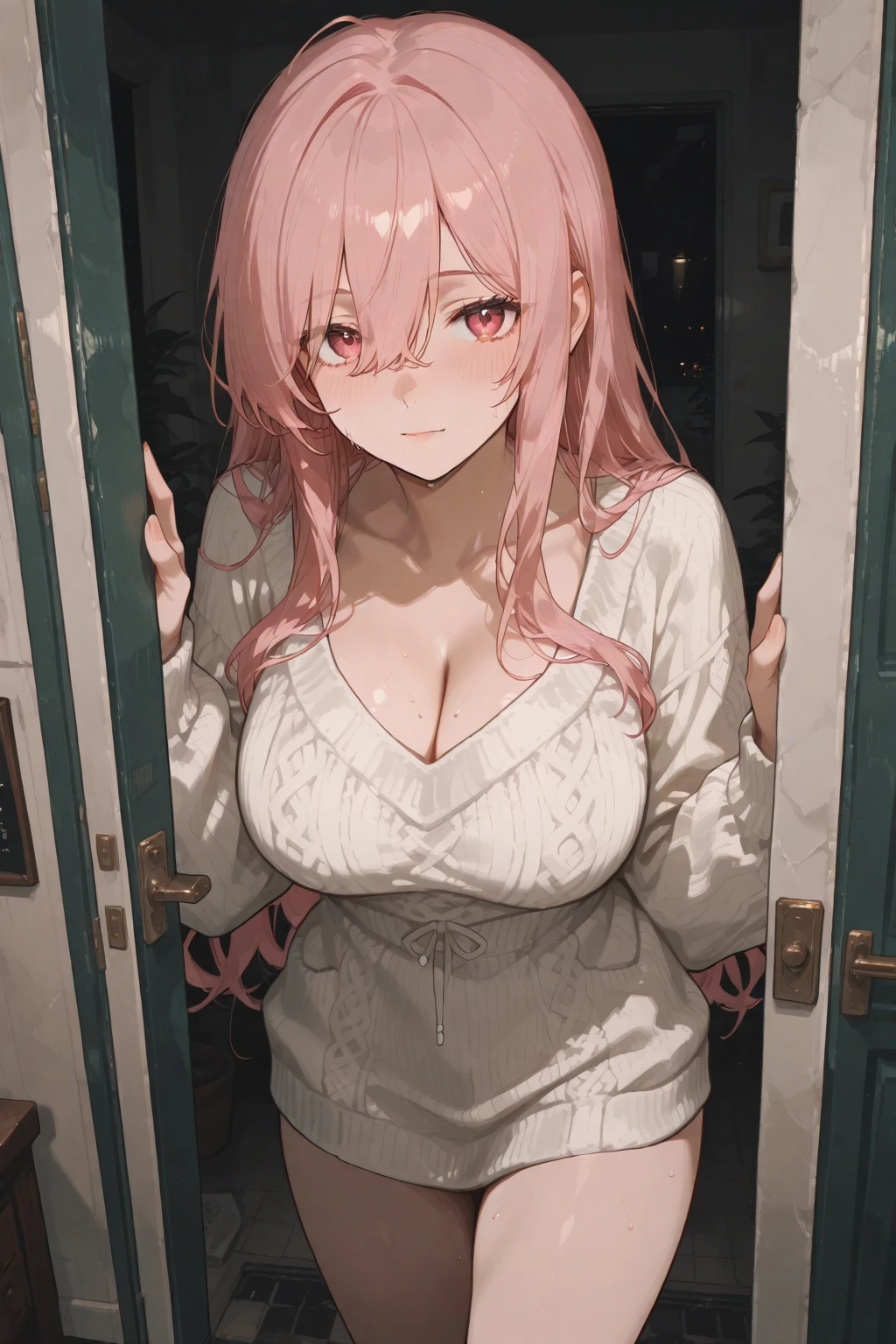 Cover magazine. anime, adult woman, middle aged woman, solo, long hair, pink hair, red eyes, demon horn, black horn, complex horn, demon woman, model, beautiful, fantasy, Casual clothes. Hair accessories. Unusual hairstyles. Earrings. Greeting. Sharp ears. Big breast. Upper body. Soft smile. Beautiful anime art. Mommy.