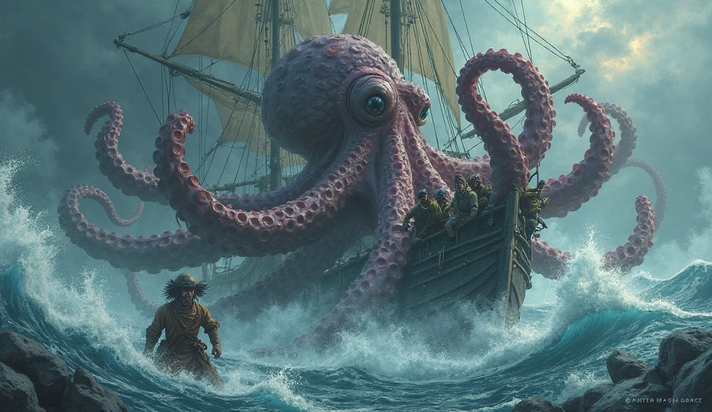 Fantasy, horror Fantasy, During a lunar eclipse、Planetary conjunction opens the gates to the underworld、A beast with spiny tentacles is unleashed from the slime of the night.。, Lunar eclipse demon tentacle thorn ichor, UHD 8K Ultra-realistic and exquisite detail、Ocean、Octopus monster、Tangled up in a large ship