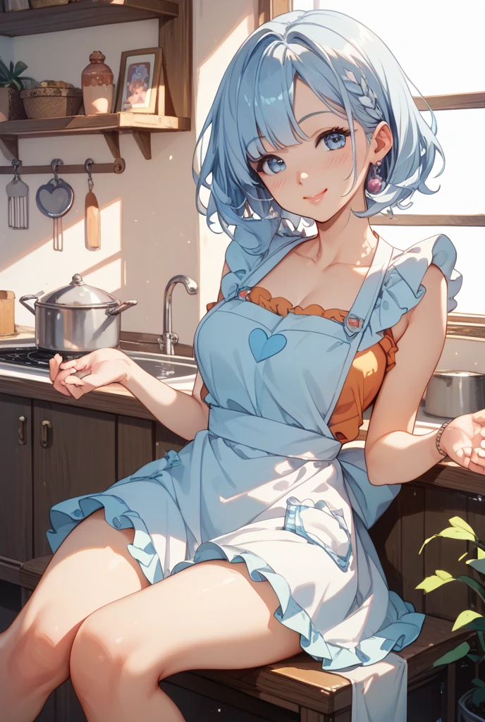 1girl, furina from genshin impact, short pale blue-white hair, wavy hair, blue eyes, different-blue eyes, wearing cropped tank top, wearing plain white cropped tank top, cropped tank top, white cropped tank top , open crotch, white, white overall, indoor background, sunlight comes from window, kitchen background, kitchen, many furintures, cheerish ambience, daily activites, masterpiece, 8k, highres, ultrahd,