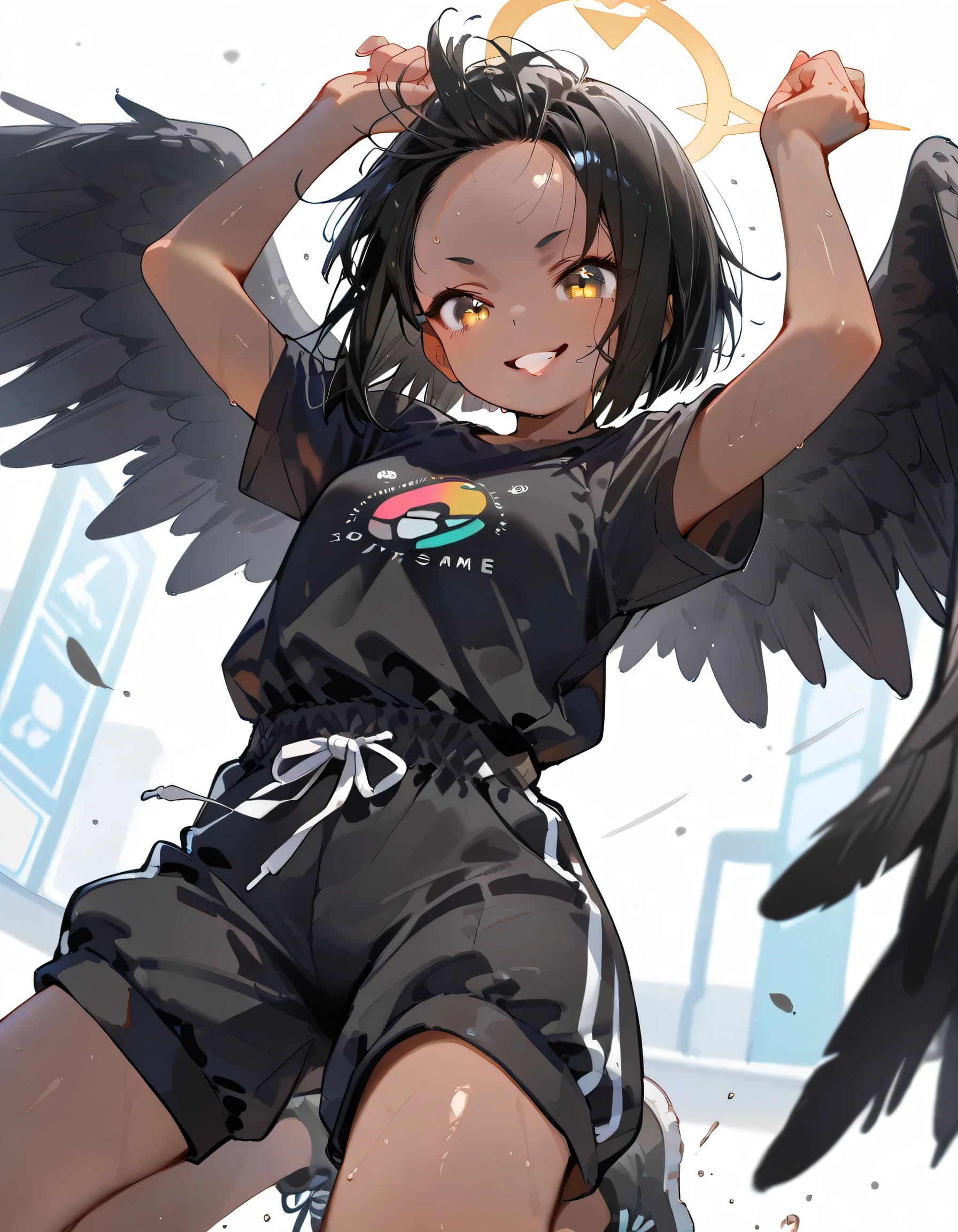 1girl, black hair, sport tanktop, angelic wings, white eyes and shining yellow, looking over to you, in a sports field