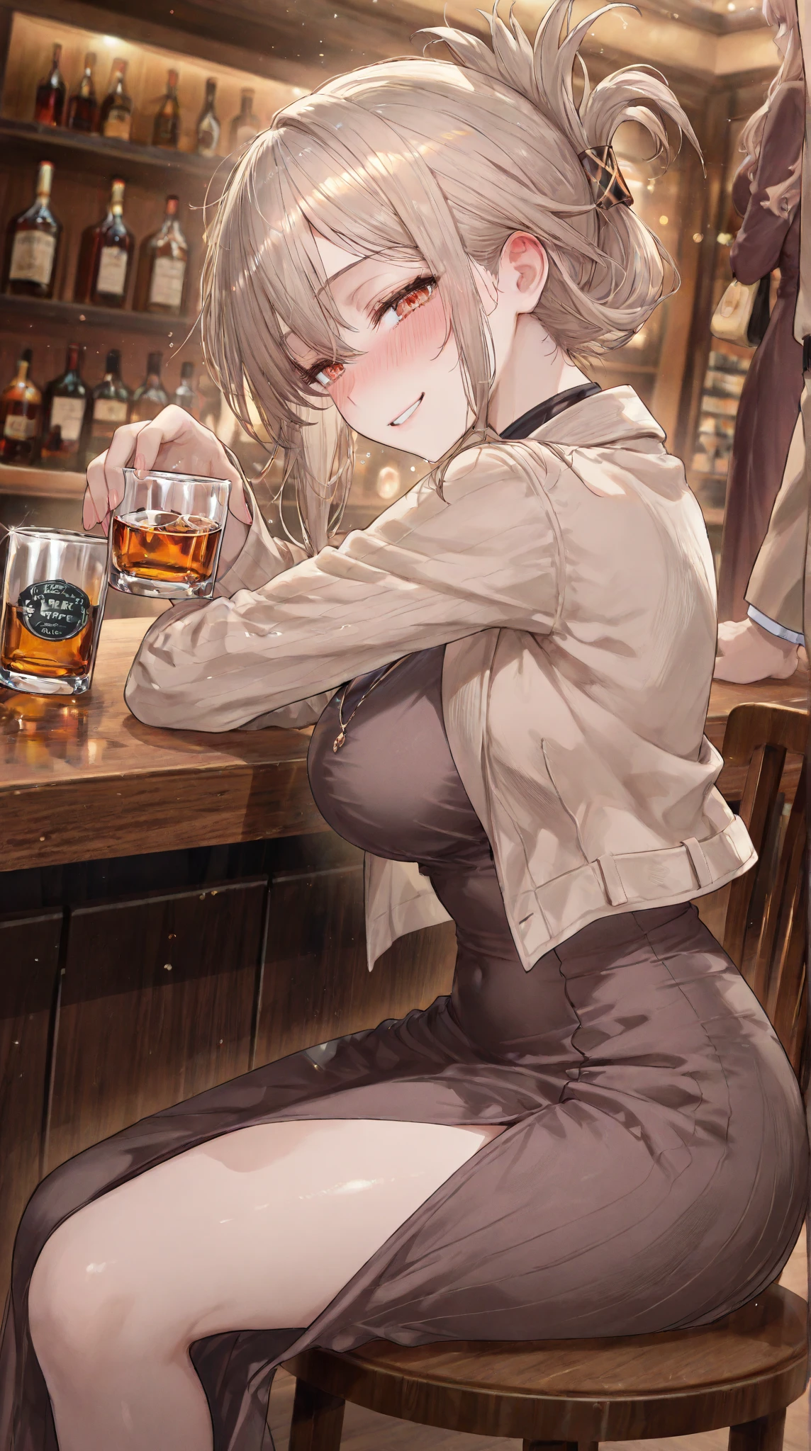score_7_up, 1girl, solo, 1girl, solo, medium breasts, wispy_bangs, wariza, drunk, trench coat,  <lora:Shizuma_Yoshinori_PonyXL_style_v01:1>