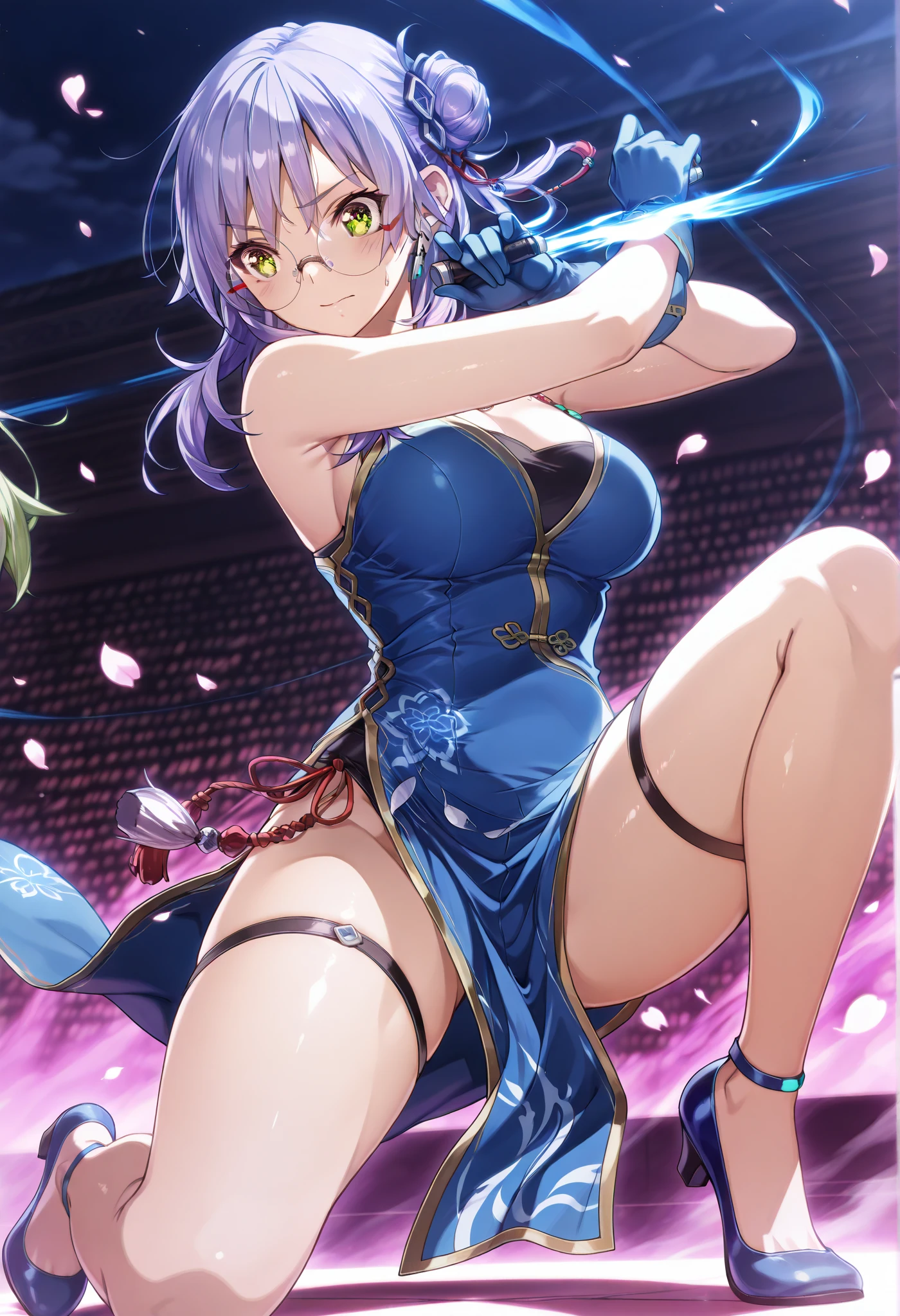 asano ruri, 1girl, solo, weapon, purple eyes, thighhighs, breasts, japanese clothes, open mouth, hair ornament, white background, full body, sash, obi, holding,angry, simple background, looking at viewer, purple hair, sleeveless, ninja, kimono, kunai, holding weapon, hair flower, flower, panties, bangs, side-tie panties, short kimono, long hair, black thighhighs, :d, underwear, sleeveless kimono, sandals, large breasts, black panties, standing, gloves, bare shoulders, standing on one leg, knife, leg up, blush, reverse grip, medium breasts, fingerless gloves,
<lora:AsanoRuri:0.7>
(blush, striped panties, full body,cameltoe),((( sweaty))),open mouth, (dynamic pose,cowboy shot),fighting stance,jumping,ninja, 
blush,
(((night, tokyo \(city\), ))),