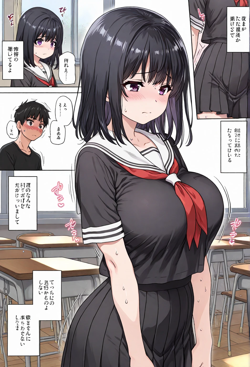 A girl with short black hair and modest pubic hair is made to stand naked and scream as three male students grab her breasts and rape her.、Shaking and crying with embarrassment、Standing posture