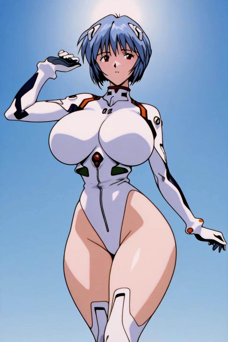 One girl, Ayanami Rei, Red eyes, Long Hair, white plugsuit, pregnant, Big Tits, Hair between the eyes, by the water, View your viewers, Blue Hair, bangs, from front, medium quality, slow,