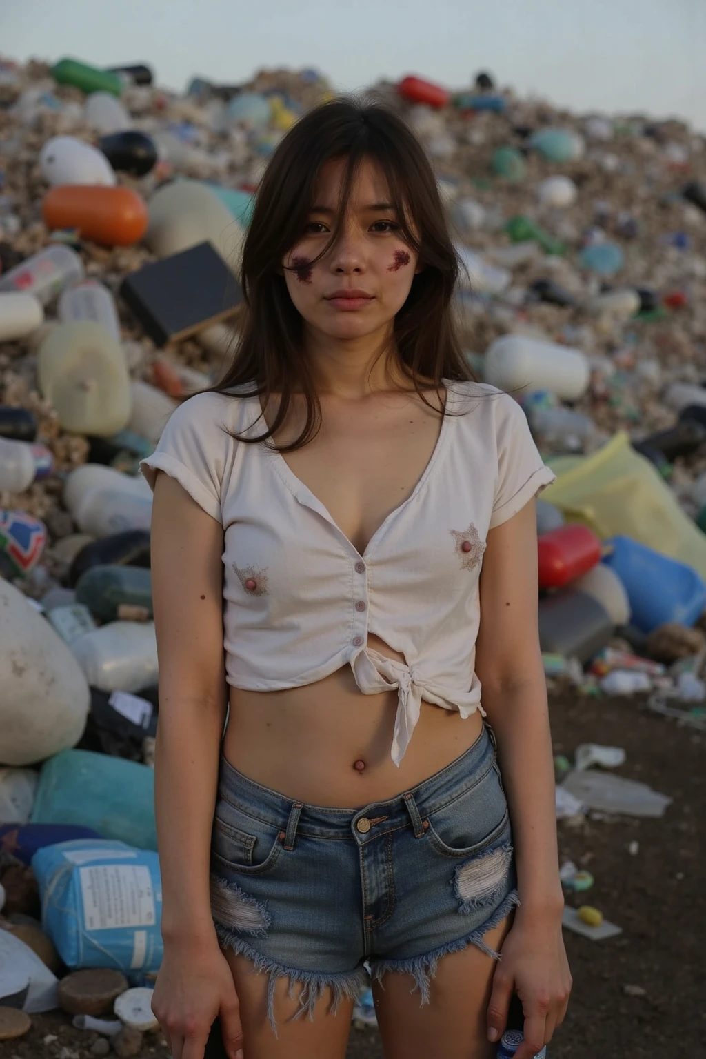 ((ultra detailed)), ((photorealistic)), ((picture of a girl)), I would be, ((small breasts)), sagging breasts, low cut dress, black hair, (((dirty small town) )), accumulated garbage: 1.0,h011ym4ri3c0mb5