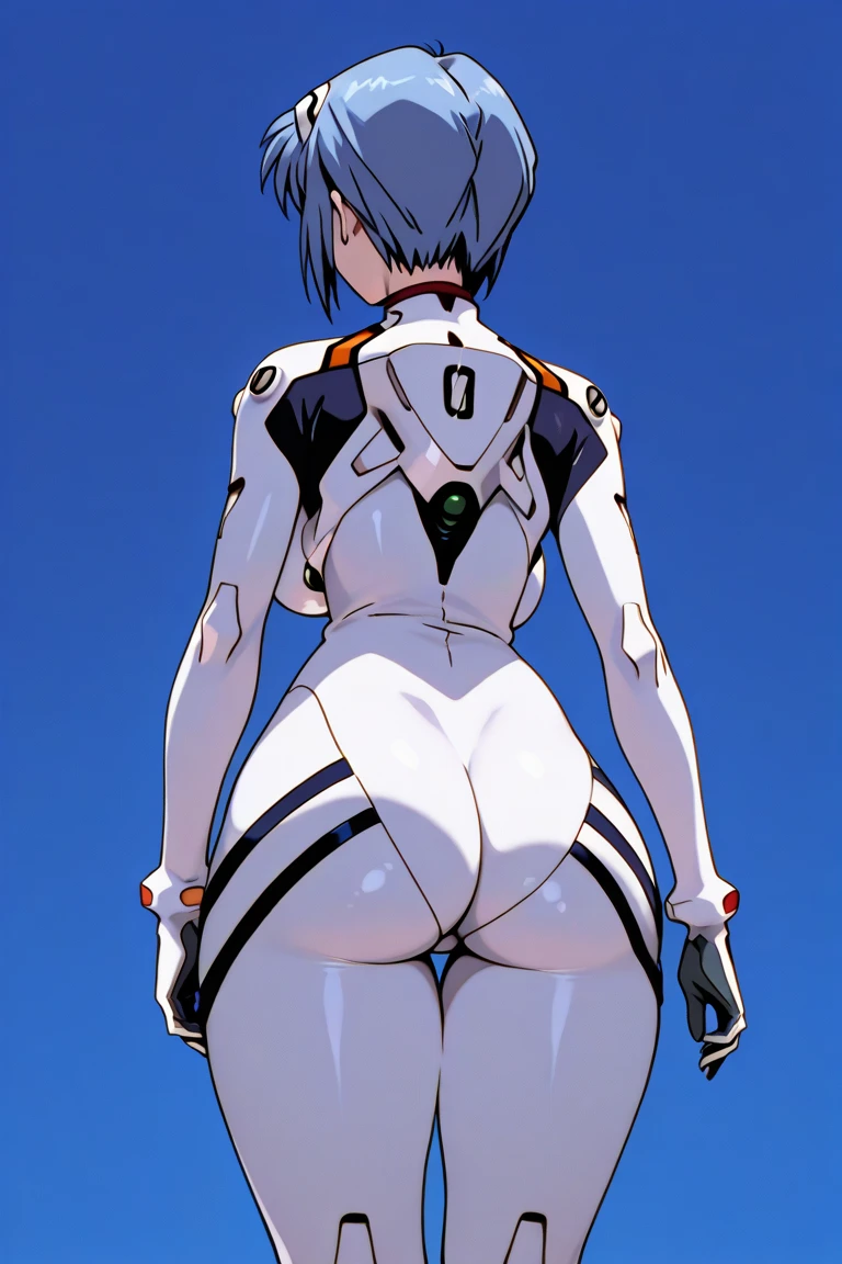 score_9, score_8, score_8_up, azureNakhimovXL, 1girl, ass, large breasts, from behind, white bodysuit, looking at viewer, short hair, butt crack, high heels, fake tail, looking back, orange eyes, skin tight, gradient background, fake animal ears