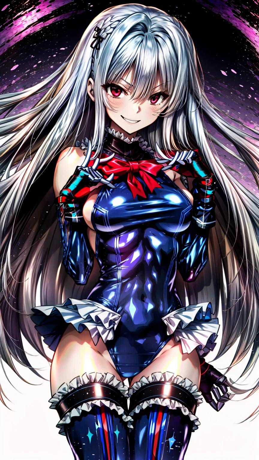 perfect anatomy, highest quality, marirose,evil smile,provocative attitude
,(Girls greet dawn on top of a pile of rubble:1.1),evil smile,anime style,(Torn frill swimsuit:1.5, Thighhighs, removed sleeve), (anime style:1.4) ,
silver hair,(White fingers:1.1,black gloves),very long hair,evil aura,Rape Eye,Torn costume:1.9,(hold a collar:1.5)