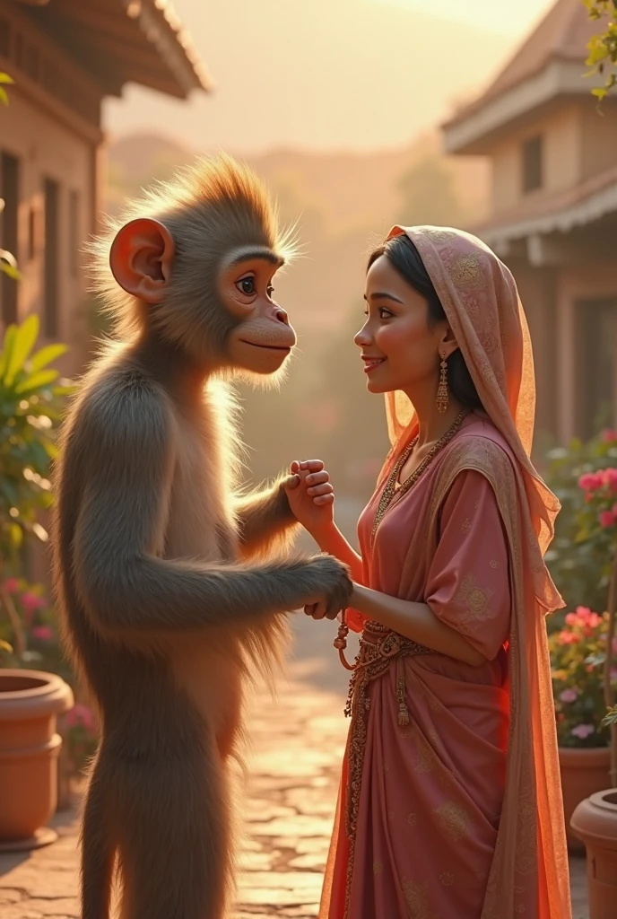 A monkey and a pig and a standing fish and a bald girl stand in the doorway