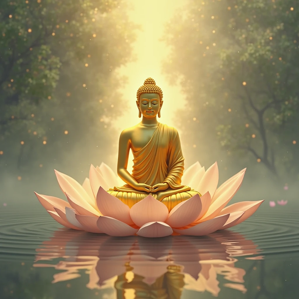 Bhagwan Dipankar Buddha sitting on a beautiful yellow color lotus . The dipankar buddha dont have beard and moustache and his hairs are tied up and a small lotus blooms on his head