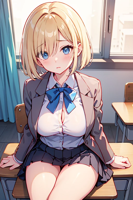 girl、smile、big breasts、School、uniform、short bob、blonde、cute