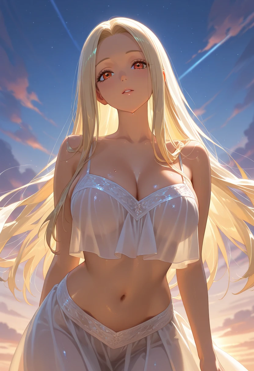 Pure white shirt,Blonde long hair,Small Bust,Cleavage,mini skirt,White panties