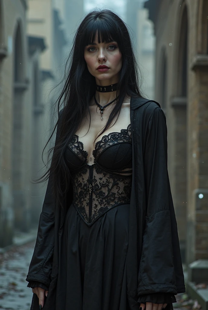 in frame, full body, a beautiful woman at Mont Saint-Michel cathedral at night, dark shadows, (incredibly sexy:1.3), pale skin, thin face, luscious long black hair, heavy makeup, dark eyes, dark eyeliner, dark makeup, skin blemishes, (large soft breasts:1.4), (thin tight body:1.4), thin hips, (tight defined butt:1.3), thin stomach, thick strong legs, wearing gothic lingerie and a long black velvet cape and knee high boots, black choker, vampire, looking at camera, seductive, moonlight, masterpiece, photorealistic, detailed, 8k, HDR, shallow depth of field, midnight, dark shadows, creepy atmospheric, rain, high contrast, backlighting, bloom, light sparkles, chromatic aberration, sharp focus, RAW color photo