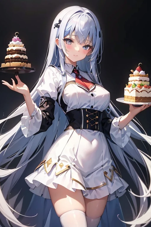vibrant colors, girl, masterpiece, sharp focus, best quality, depth of field, cinematic lighting, ,white captain outfit, hat, long hair, white hair, red eyes, laughing, smile, medium breasts, indoors, birthday cake,