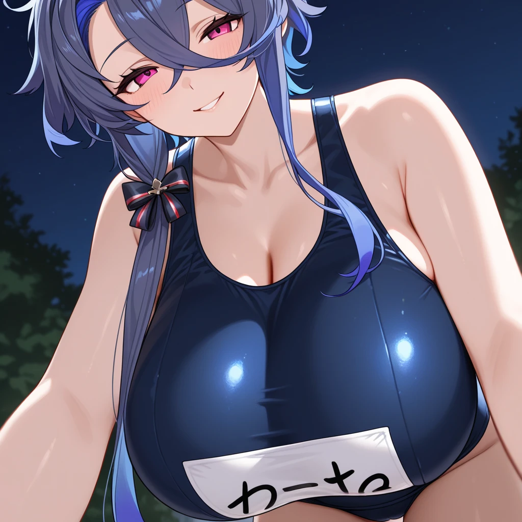 masterpiece,Highest quality,One Girl、Mature Woman:1.3、Married women、Huge breasts:1.5、Long chest:1.3、smile、Long Blue Hair、White rabbit ears on the head、Human Ear、Heart symbol、School Swimsuit、School Swimsuit、Blue and white braided side tail、((School Swimsuitにholeを開ける))、hole、vertical、Pool、Poolサイド、Body gets wet、School Swimsuitを着たまま、Photographed from the front