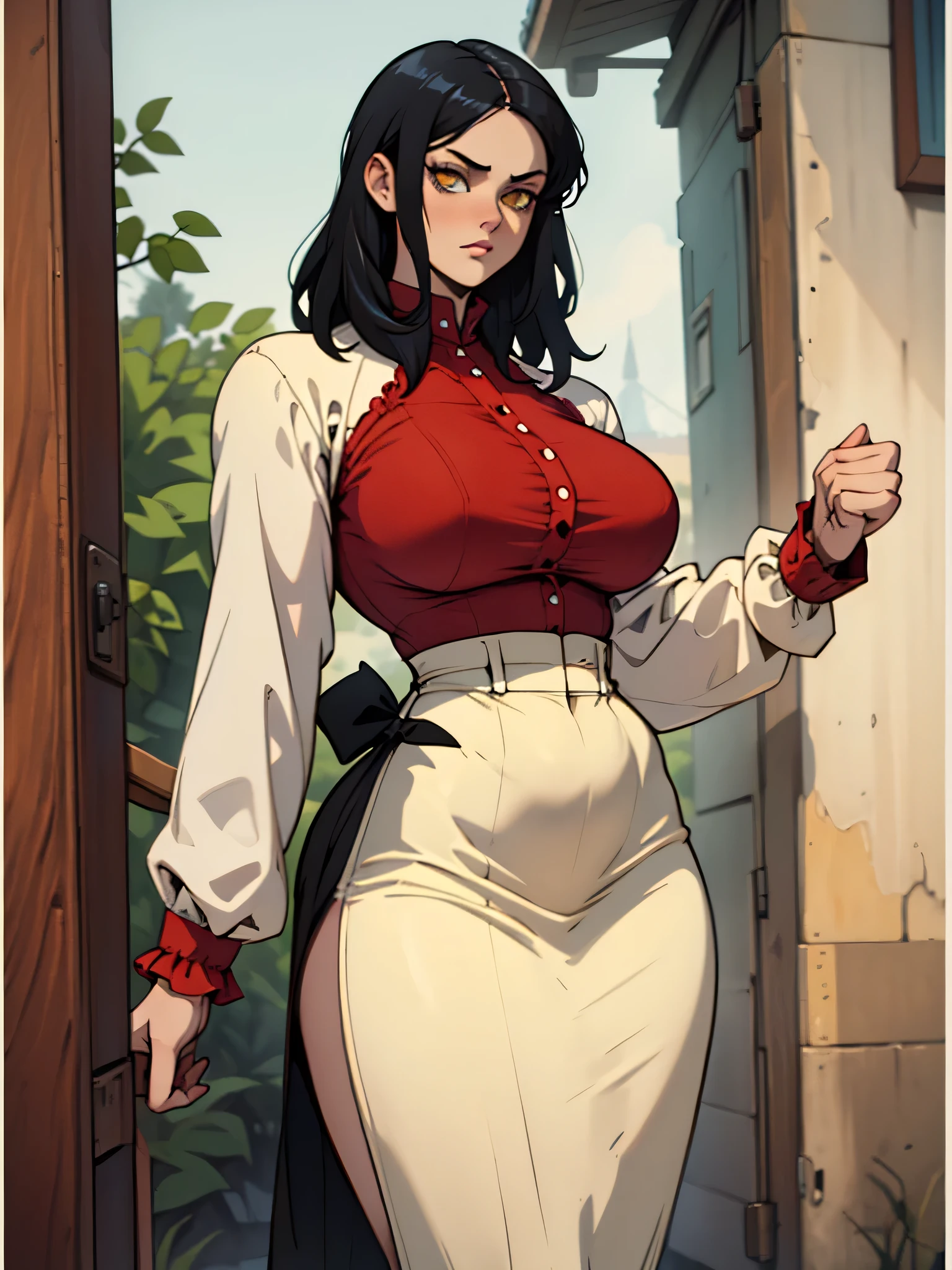 (Masterpiece, best quality) (high res, ultra-detailed) (perfect anatomy) outdoors, 1girl, solo, dress, SELA, large breasts, tan, necklace, white sleeves, thigh highs, muscular, thighs, full body, priestess, church, religious, pants, coat, pullover, boots, body suit, big dress, big robe, black body suit, HIGH BOOTS, feet together, toe to head