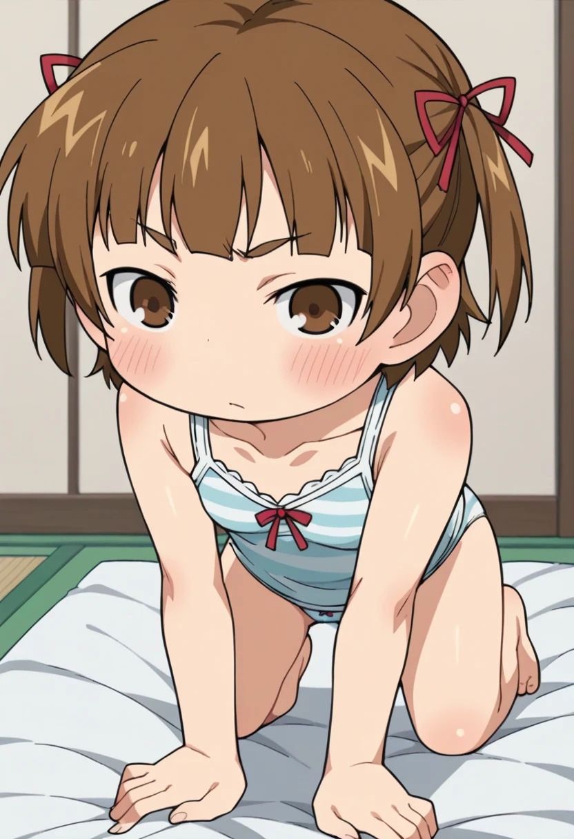 score_9, score_8_up, score_8, source_anime, 1girl, (solo), chibi, short hair, topknot, short twintails, dark red hair, red hair bobbles, hair ornament, brown eyes, blush, (completely nude:1.2),niplles,pussy,