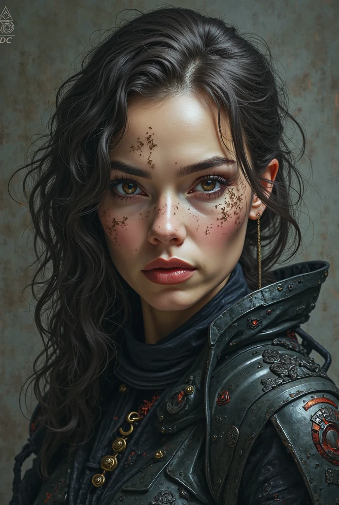 Closeup photo portrait of beautiful lady, freckles, dark makeup, muted colors, epic character composition, frontal view, atmospheric scene, masterpiece, best quality, (detailed beautiful face, detail skin texture, ultra-detailed body:1.1), diffused lighting
