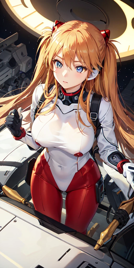 (俯瞰figure),dynamic angle,Super detailed, figure, close, straight, 1 girl, 
 ((Soryu Asuka Langley, interface headset, red bodysuit:1.4, blonde)),Her eyes shone like dream-like stars,(shining eyes:1.233),(beautiful and detailed eyes:1.1),(No expression,closed mouth),(Are standing), 
(Maintenance room with tools and spaceship windows inside a white spaceship),
(night:1.2),dream-like, [[delicate fingers and hands:0.55]::0.85],(finger details),