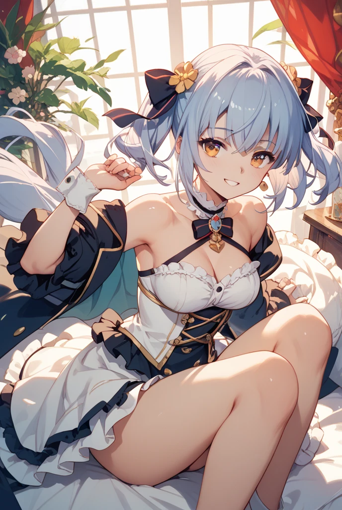 (((Horse Girl))), (((Fine Motion))), sitting on a luxurious red sofa, smile, A young lady-like outfit with white as the base and green embroidery, , High resolution,