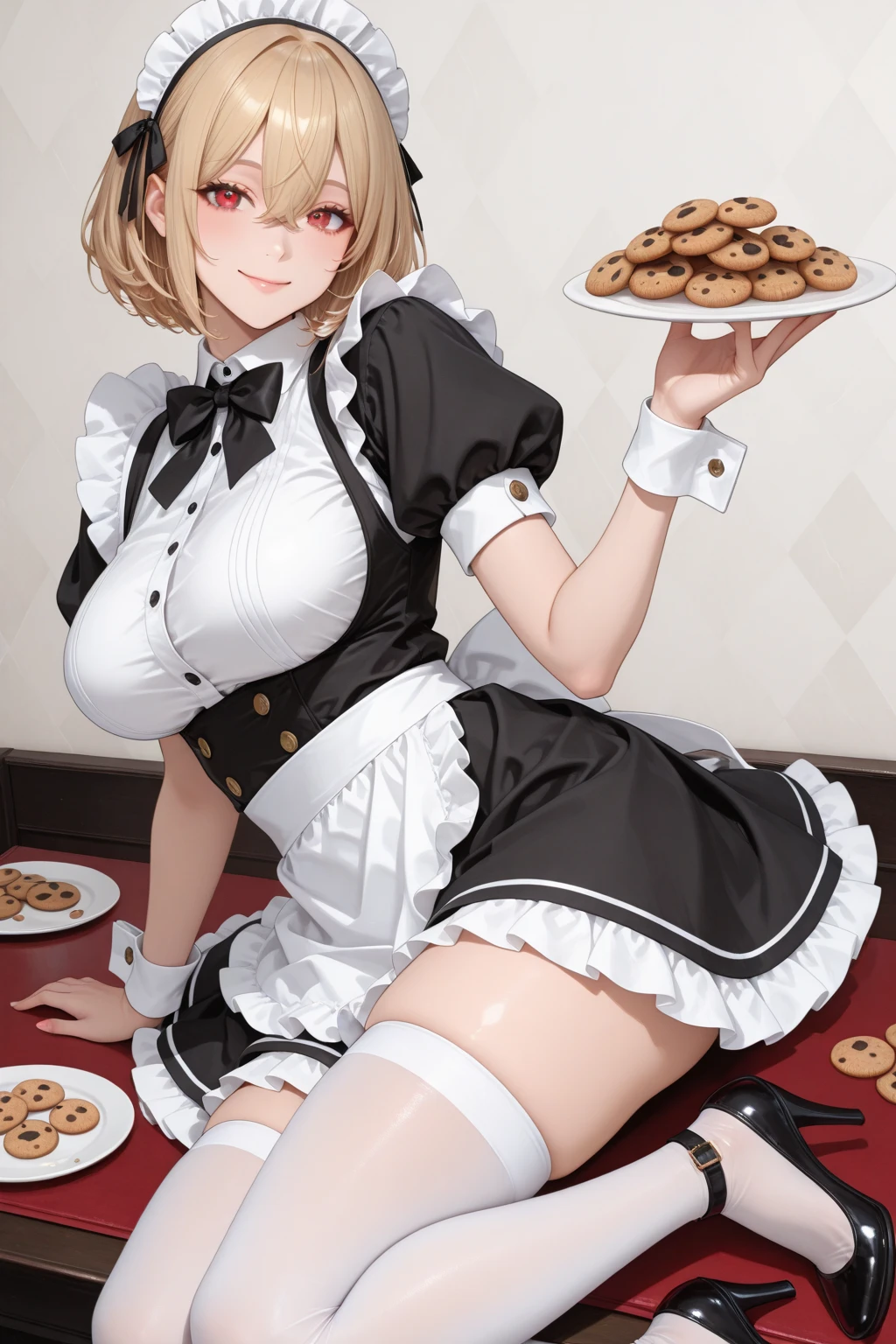 (Best Quality, Masterpiece),sexy Loli, Front cover of a women's cooking magazine, erotic, 18+, nsfw, 1girl, 16 years old, stunning, cute, smile, hourglass figure, Maid costume, small breasts, flat chest, beautiful food, text, diagrams, advertisements, magazine title, long blonde hair,green detailed sparkling eyes, white hat