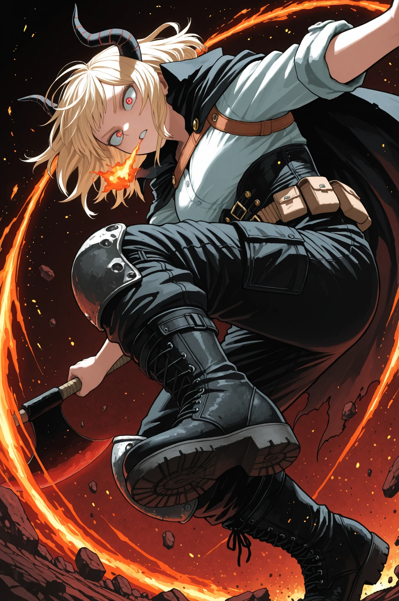 back view angle, (best quality), score_9, score_8_up, (masterpiece:1.2), anime style, in the style of My Hero Academia, Kohei Horikoshi, dramatic low angle, dynamic anime action pose, female demon warrior with glowing red eyes, long blonde hair blowing backward, two black curved horns, white on-up shirt with rolled-up sleeves, black leather corset with golden buckles, brown tactical utility belt with pouches, shoulder harness, tight tactical black pants with cargo pockets and knee guards, black combat boots, throwing a glowing red axe with her right hand, right arm extended in mid-throw, torso twisted with tension, right foot pushing off the ground, debris and embers flying, blood-red energy splash following the axe, explosive anime movement effect, cape and hair trailing with momentum, battlefield in chaos, red-and-black background with motion blur, epic dark fantasy atmosphere, cinematic lighting, ultra intense expression