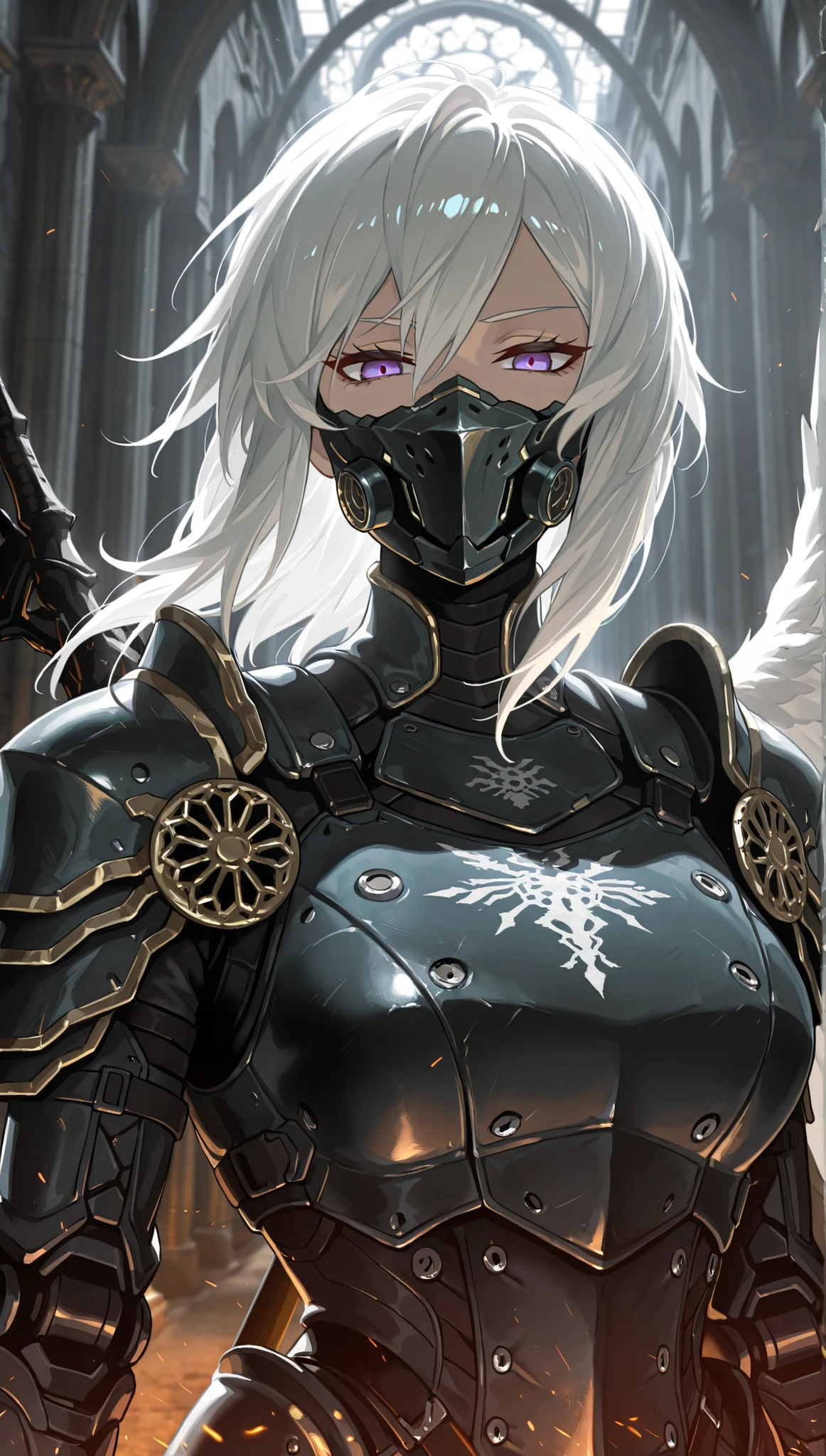 in the style of [arknights|(748cmstyle:0.5)], god rays, darkness, dark souls, dramatic lighting,cinematic shot,mature, masterpiece, best quality, amazing quality, very aesthetic, high resolution, ultra-detailed, backlighting, backlit, dramatic, absurdres, scenery, cyberpunk, cyborg mecha,
1girl, solo, upper body focus, closeup shot, portrait, looking at viewer, anger, serious, angled shot, (dynamic pose:1.4), medium hair, white hair, purple eyes, expressionless, tsurime, narrowed eyes, focus, cyberpunk armour, greek clothes, greco roman clothes, dark roman architecture, single wing, pristine white crystal wing, high tech armor, cybernetics, supersoldier, officer's pauldron, mouthpiece, covered mouth,

 