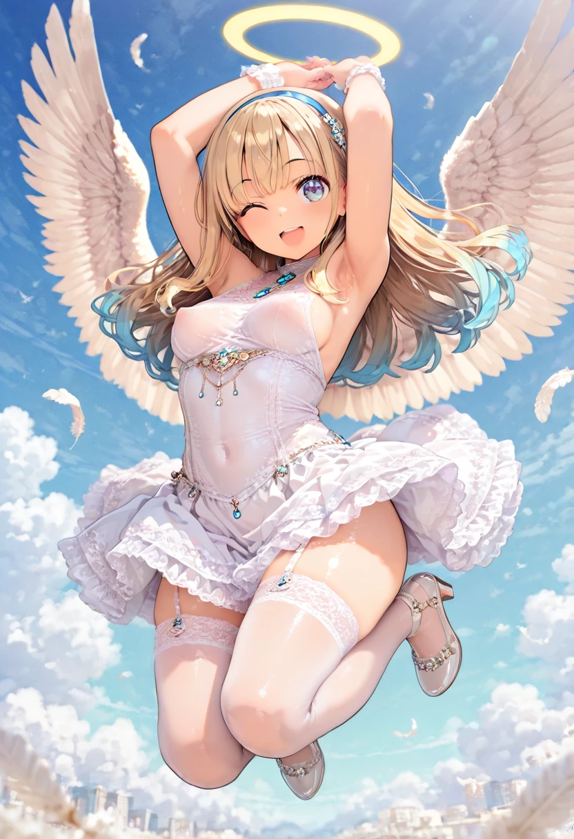 A woman wearing underwear with angel wings and ribbon　Cowboy Shot, OK, One girl, alone, Blonde,Embarrassing, Mouth closed, Flat Chest,skinny,low length,White Wings, Height Dress, Blue ribbon, Long Hair, blue eyes, View your viewers, Parted bangs, I had already finished,(Panty shot:1.3),Dynamic Angle,(From below:1.5),(Sealing:1.5), (Crotch close-up:1.3),White panties,Highest quality,Best image quality,Perfect Anatomy,masterpiece,Ultra-detailed,beautiful,super high quality, Highest quality,High resolution, Very detailed,Game CG,Dutch Angle ,beautiful細部までこだわった目,Visual Arts,Five Fingers, Perfect hands